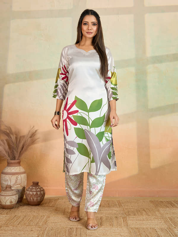 Women Basket Women Rayon Printed Straight Kurti With Pants ( Cream )