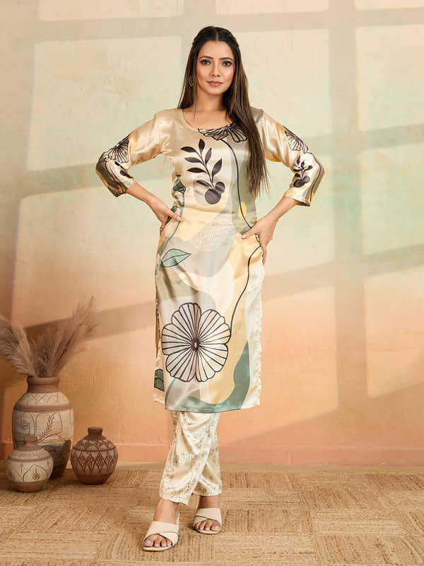 Women Basket Women Rayon Printed Straight Kurti With Pants ( Beige )