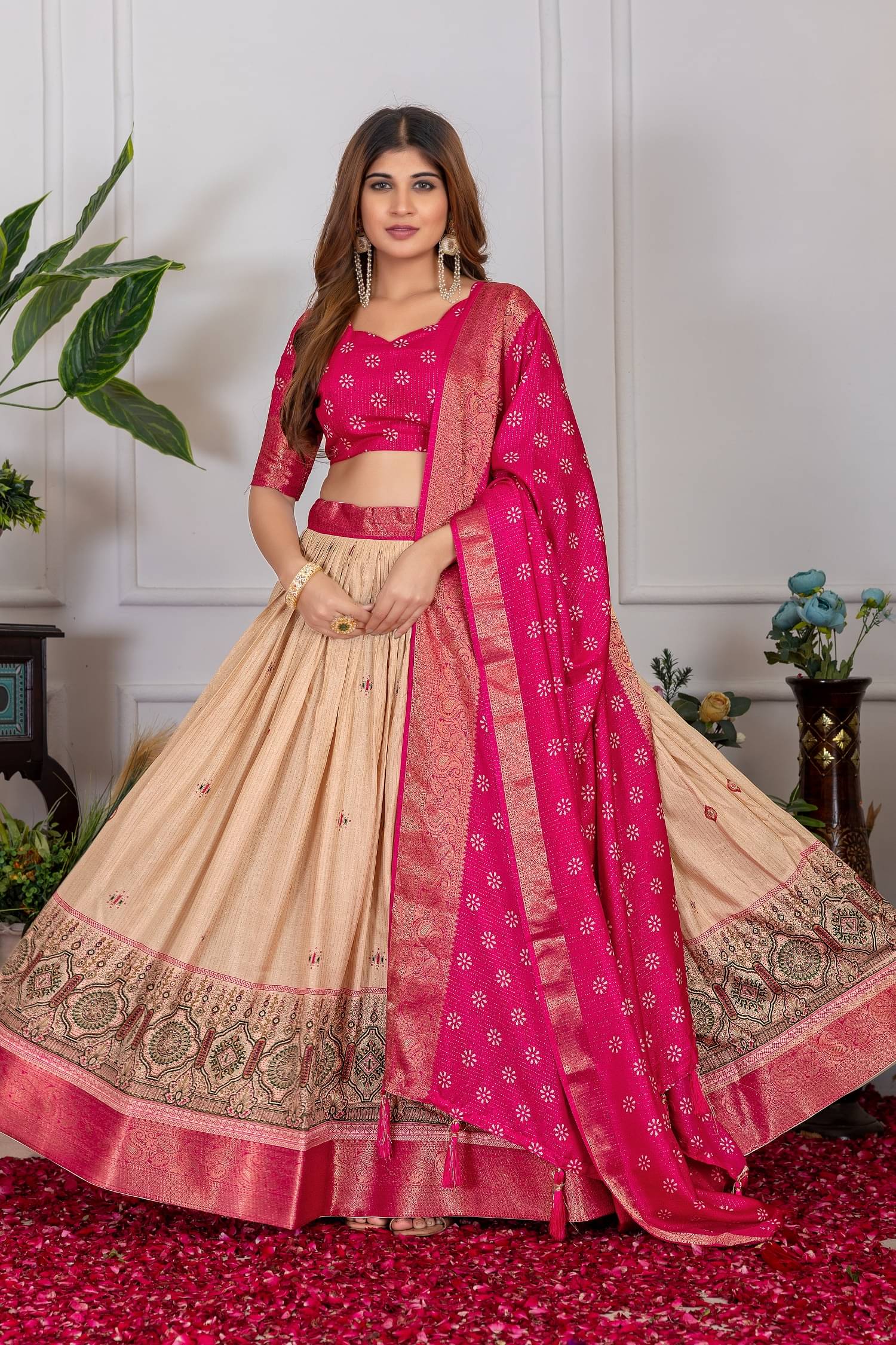    			A TO Z CART Pink Tussar Silk Chaniya Choli Semi Stitched Lehenga Single
