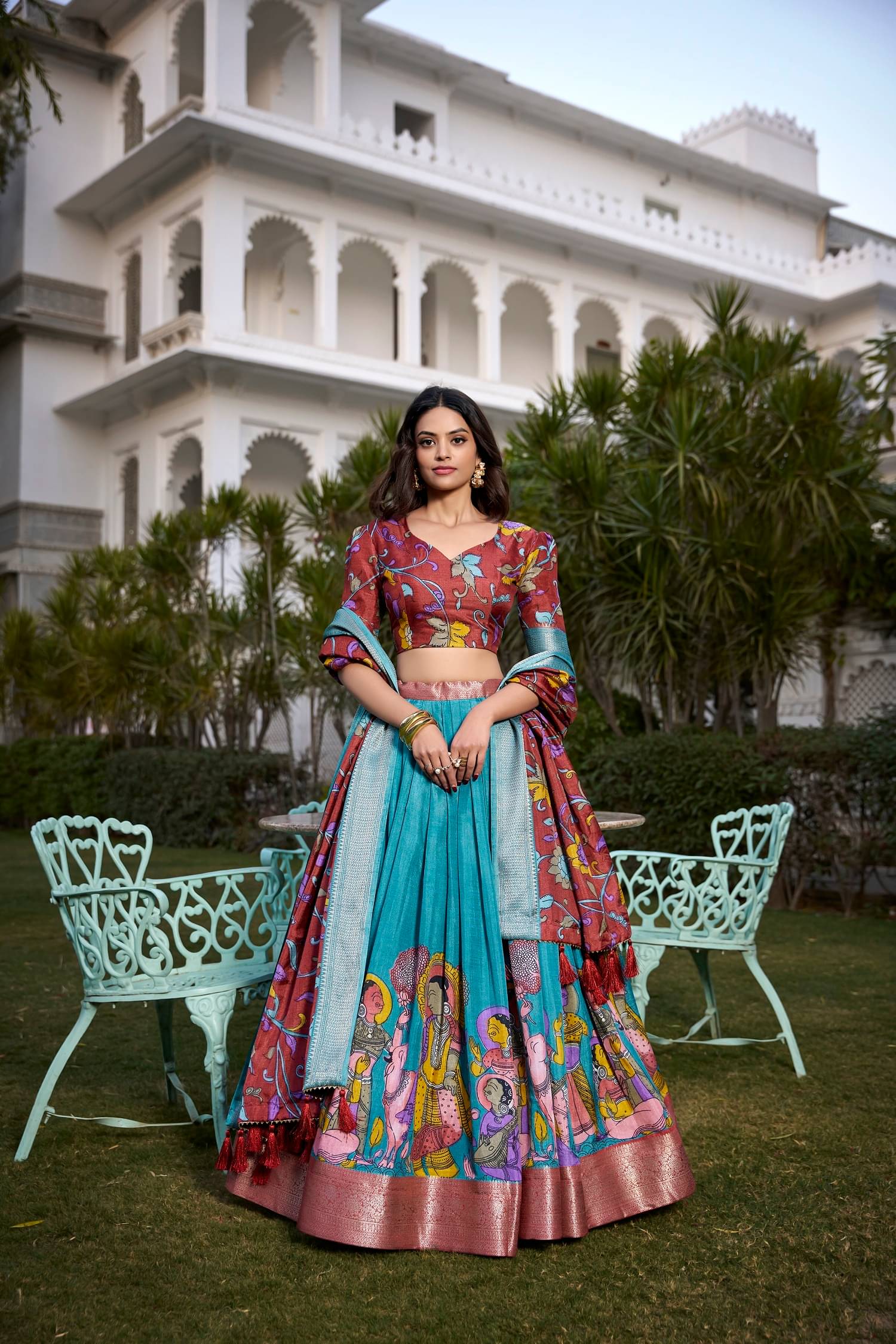     			A TO Z CART Turquoise Tussar Silk Chaniya Choli Semi Stitched Lehenga Single