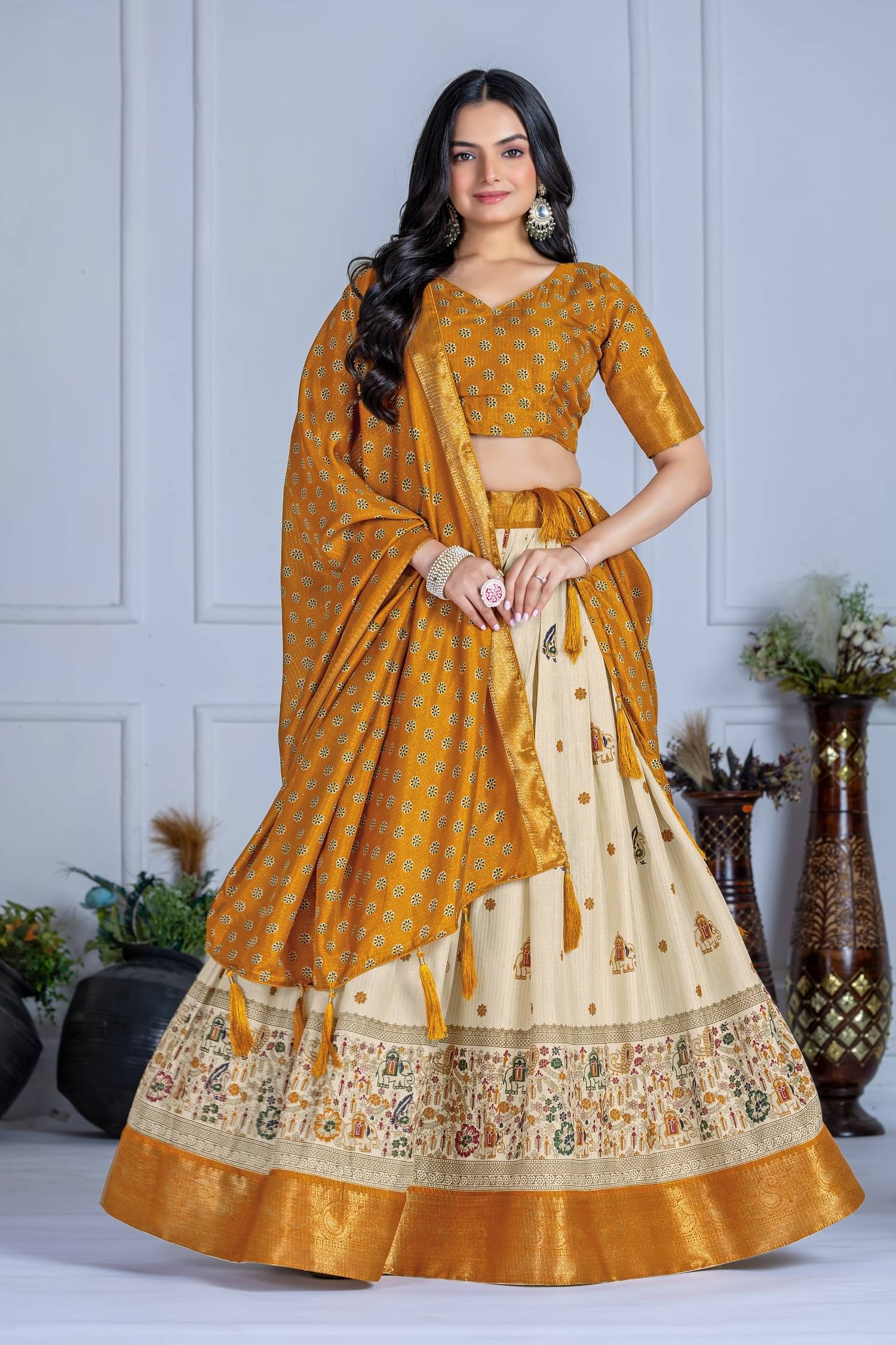     			A TO Z CART Yellow Silk Blends Chaniya Choli Semi Stitched Lehenga Single