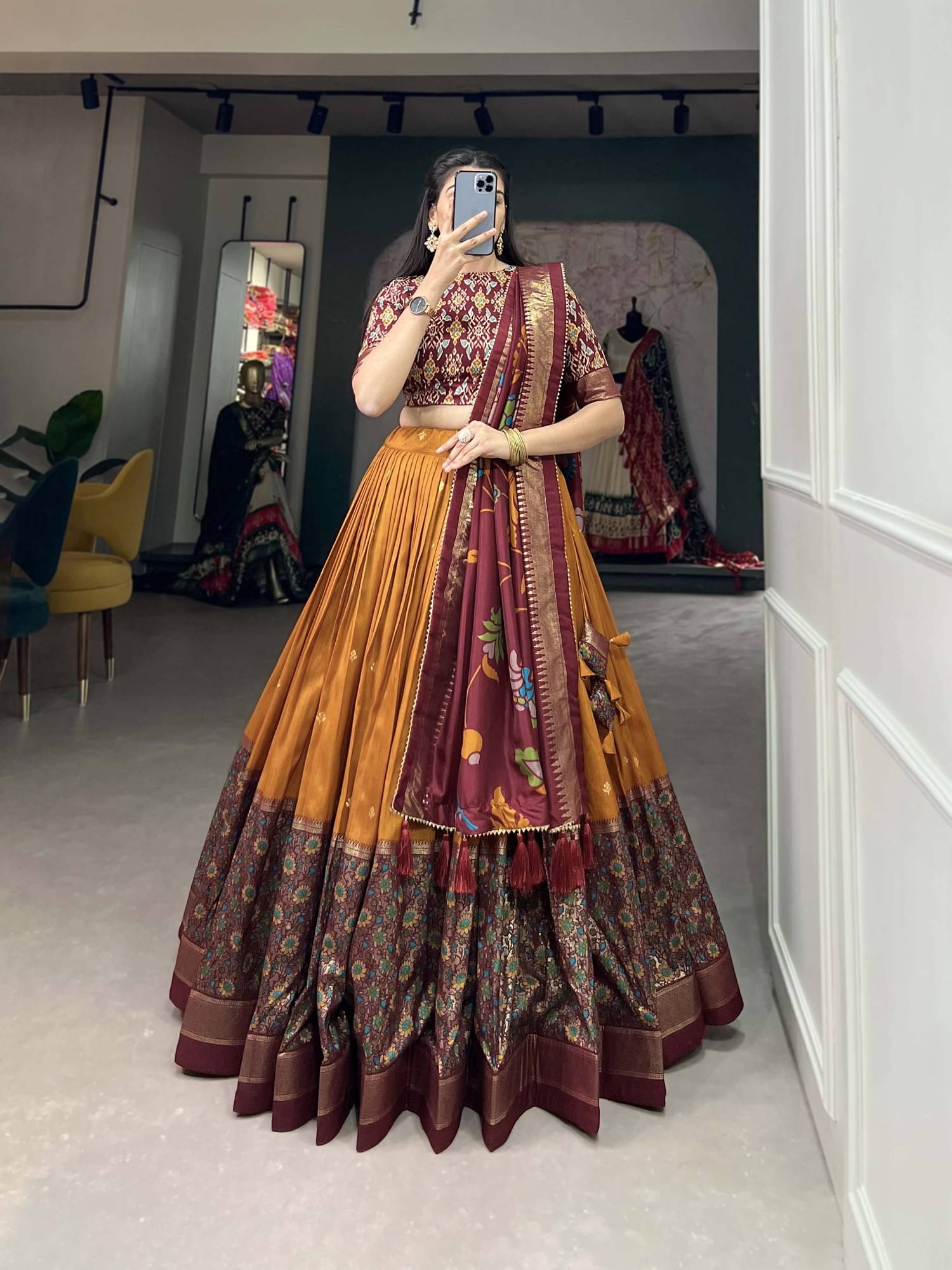     			A TO Z CART Yellow Tussar Silk Chaniya Choli Semi Stitched Lehenga Single
