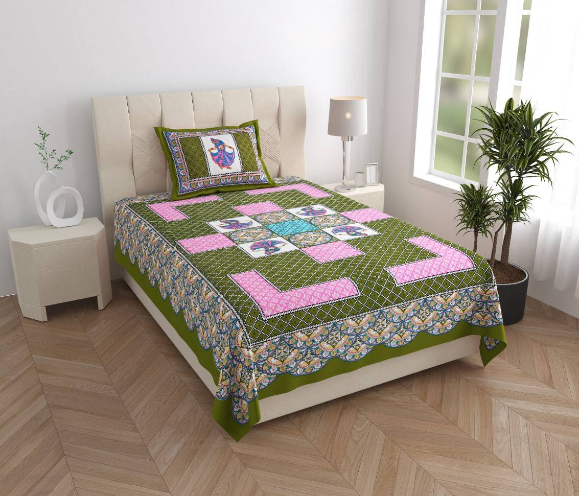     			ABHACLOTHO Cotton 1 Single Bedsheet with 1 Pillow Cover ( Green )