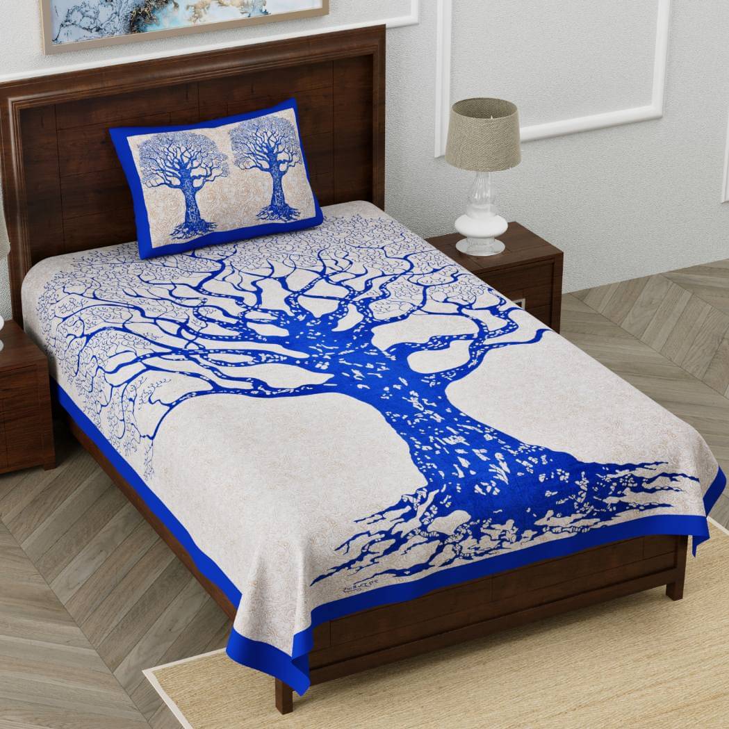     			ABHACLOTHO Cotton 1 Single Bedsheet with 1 Pillow Cover ( Blue )