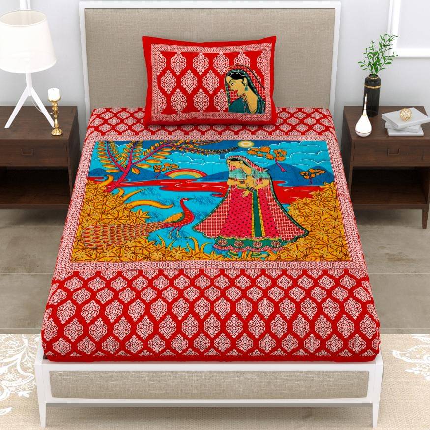     			ABHACLOTHO Cotton 1 Single Bedsheet with 1 Pillow Cover ( Red )