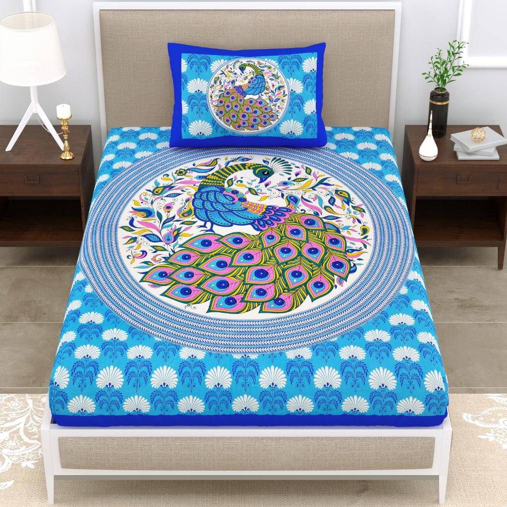     			ABHACLOTHO Cotton 1 Single Bedsheet with 1 Pillow Cover ( Blue )