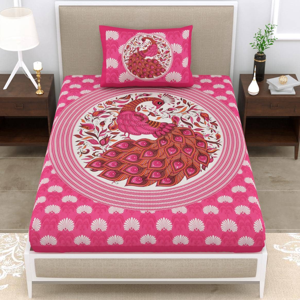 ABHACLOTHO Cotton 1 Single Bedsheet with 1 Pillow Cover ( Pink )