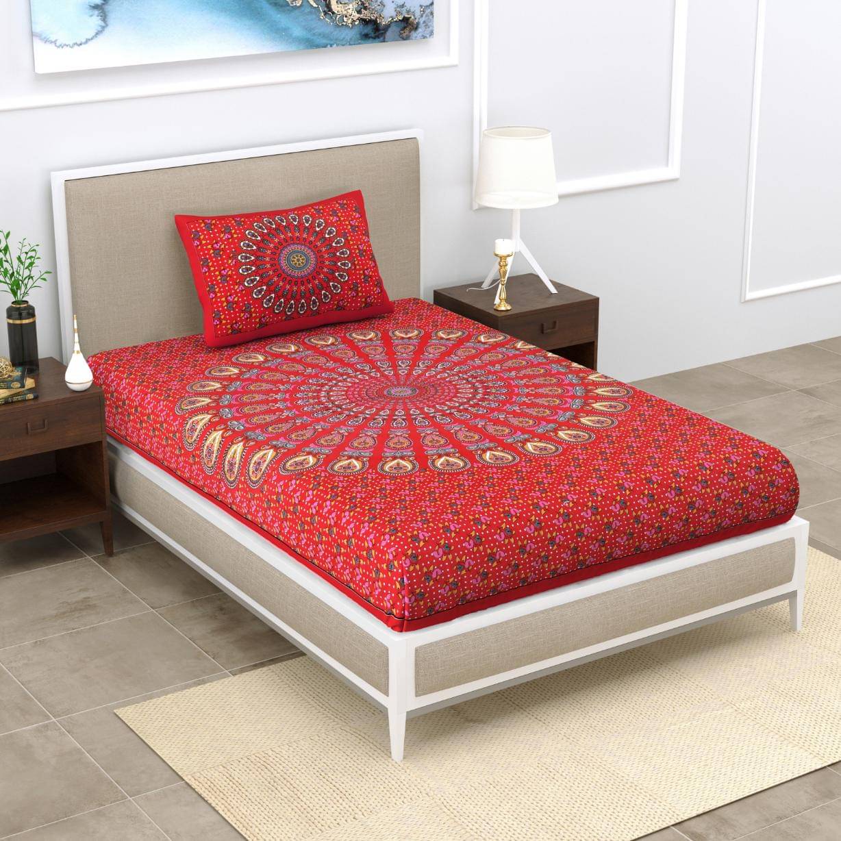     			ABHACLOTHO Cotton 1 Single Bedsheet with 1 Pillow Cover ( Red )