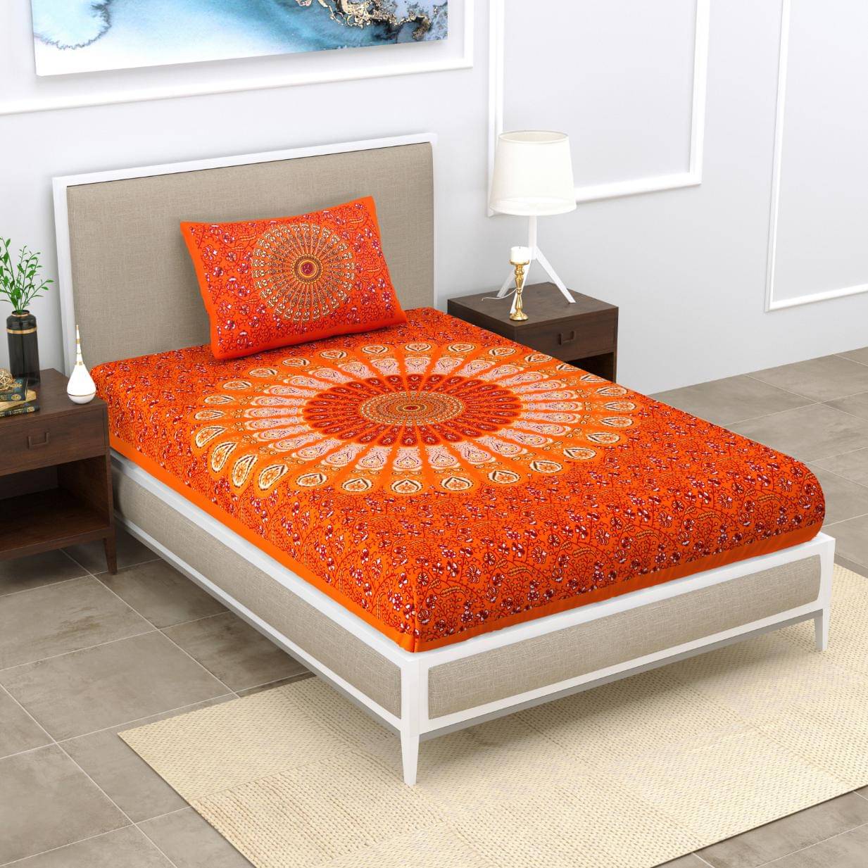     			ABHACLOTHO Cotton 1 Single Bedsheet with 1 Pillow Cover ( Orange )
