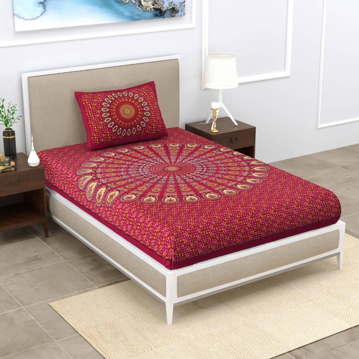     			ABHACLOTHO Cotton 1 Single Bedsheet with 1 Pillow Cover ( Maroon )