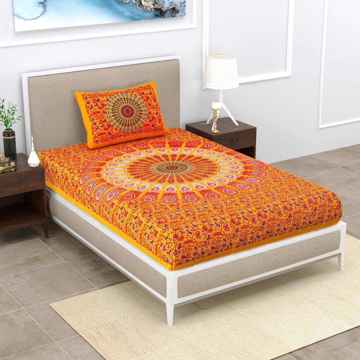     			ABHACLOTHO Cotton 1 Single Bedsheet with 1 Pillow Cover ( Yellow )