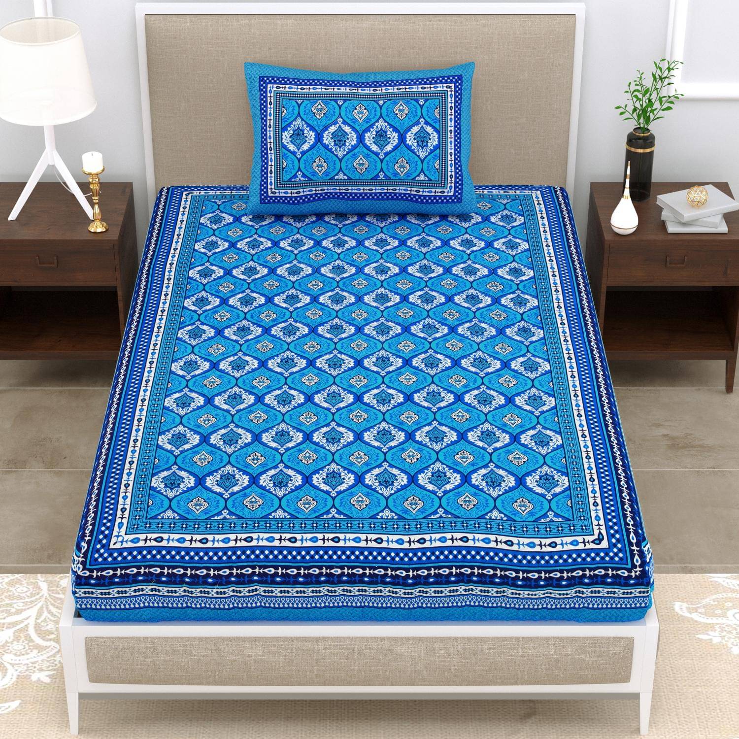 ABHACLOTHO Cotton 1 Single Bedsheet with 1 Pillow Cover ( Blue )     			ABHACLOTHO Cotton 1 Single Bedsheet with 1 Pillow Cover ( Blue )