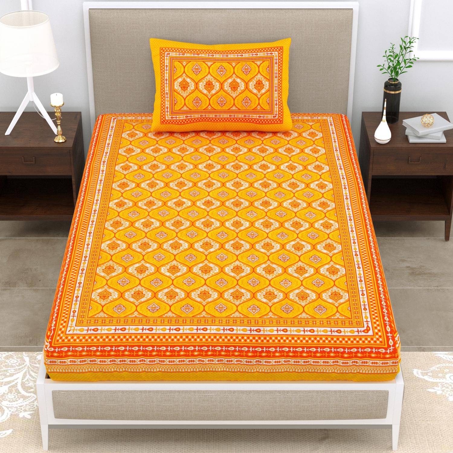     			ABHACLOTHO Cotton 1 Single Bedsheet with 1 Pillow Cover ( Yellow )