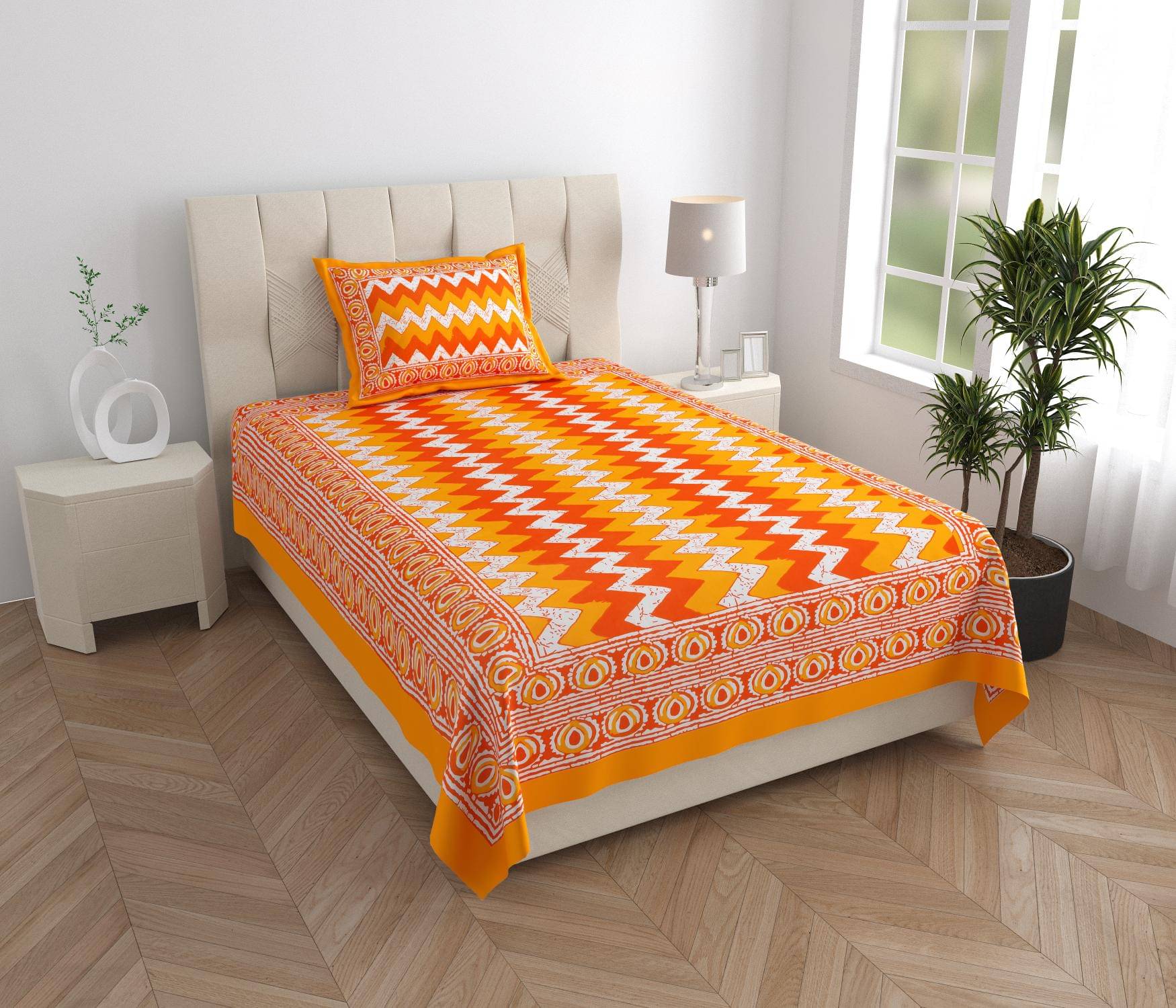     			ABHACLOTHO Cotton 1 Single Bedsheet with 1 Pillow Cover ( Yellow )