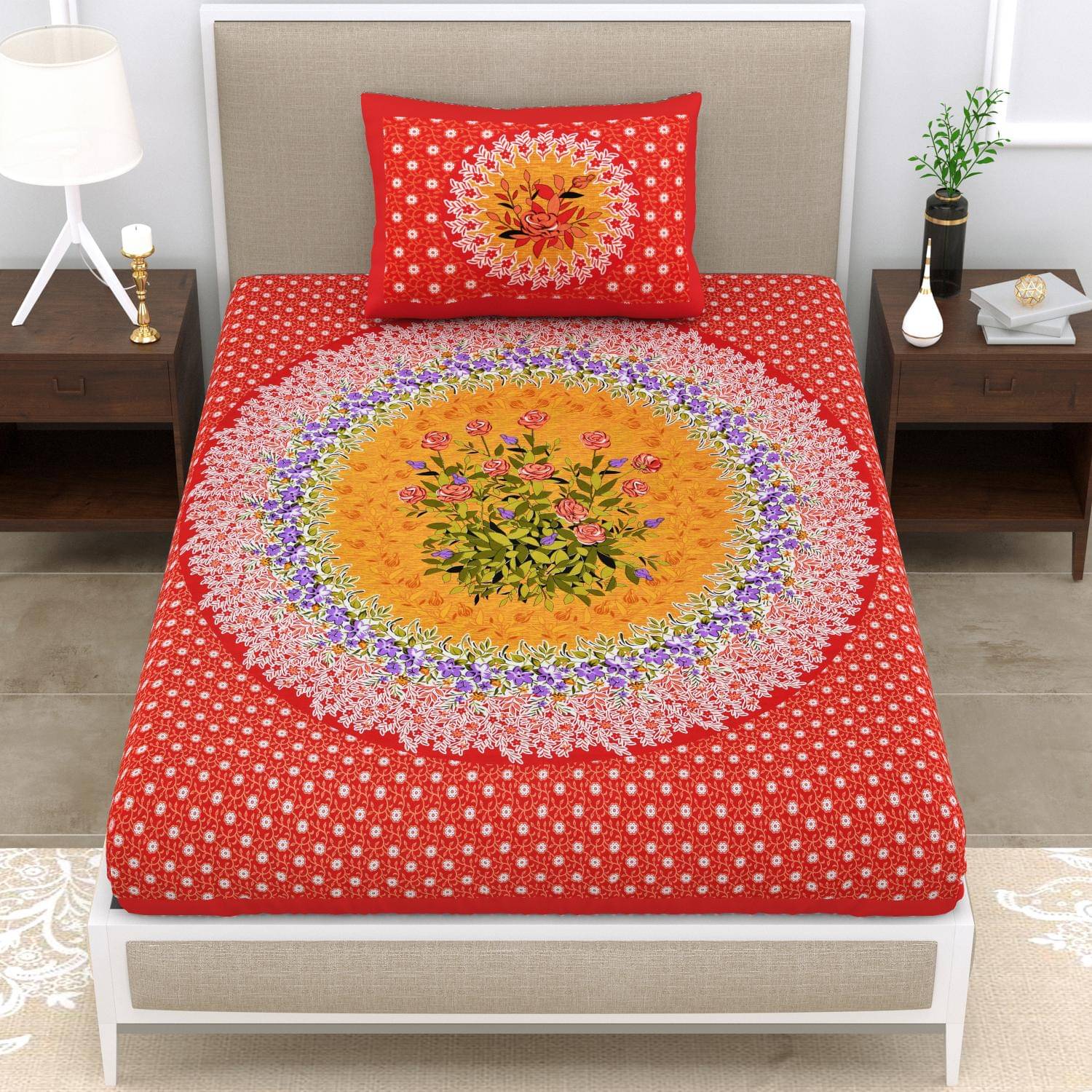     			ABHACLOTHO Cotton 1 Single Bedsheet with 1 Pillow Cover ( Red )