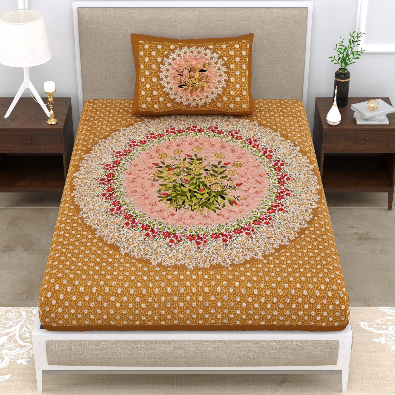     			ABHACLOTHO Cotton 1 Single Bedsheet with 1 Pillow Cover ( Brown )