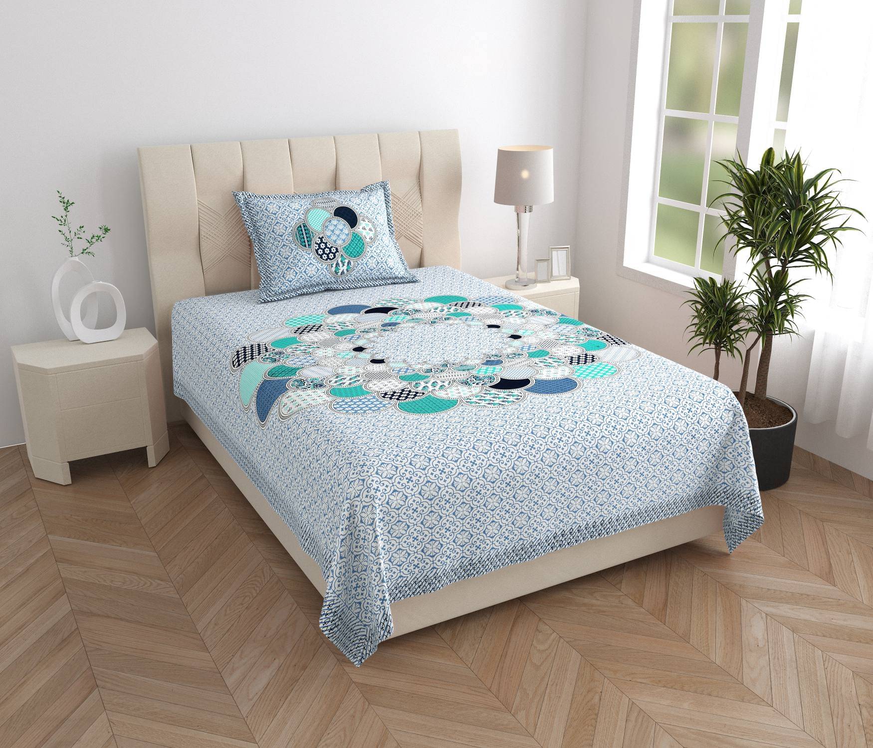     			ABHACLOTHO Cotton 1 Single Bedsheet with 1 Pillow Cover ( Blue )