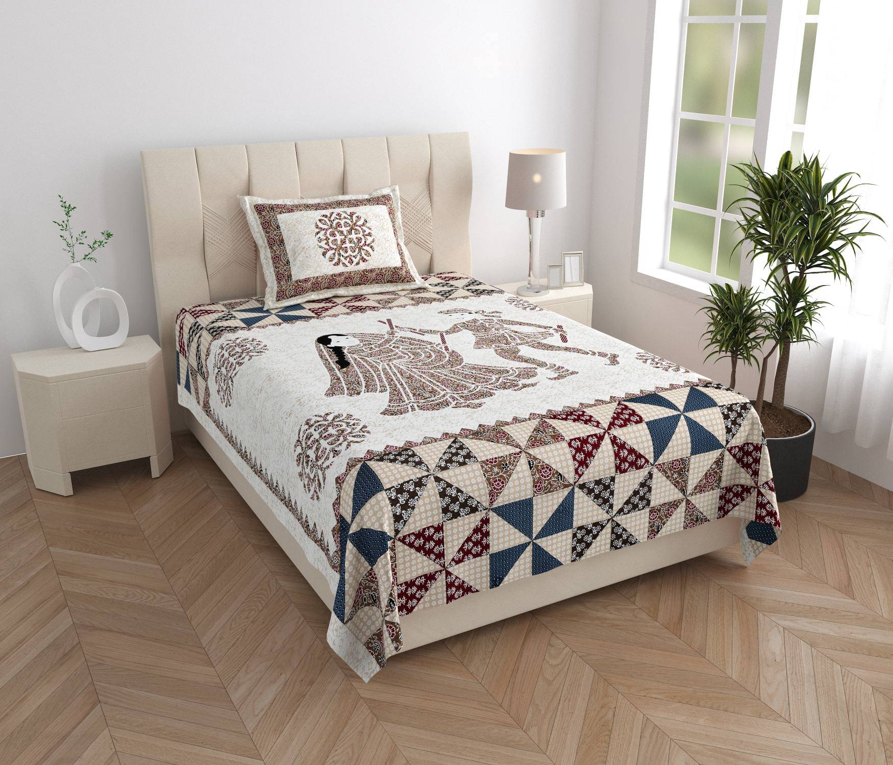     			ABHACLOTHO Cotton 1 Single Bedsheet with 1 Pillow Cover ( Cream )