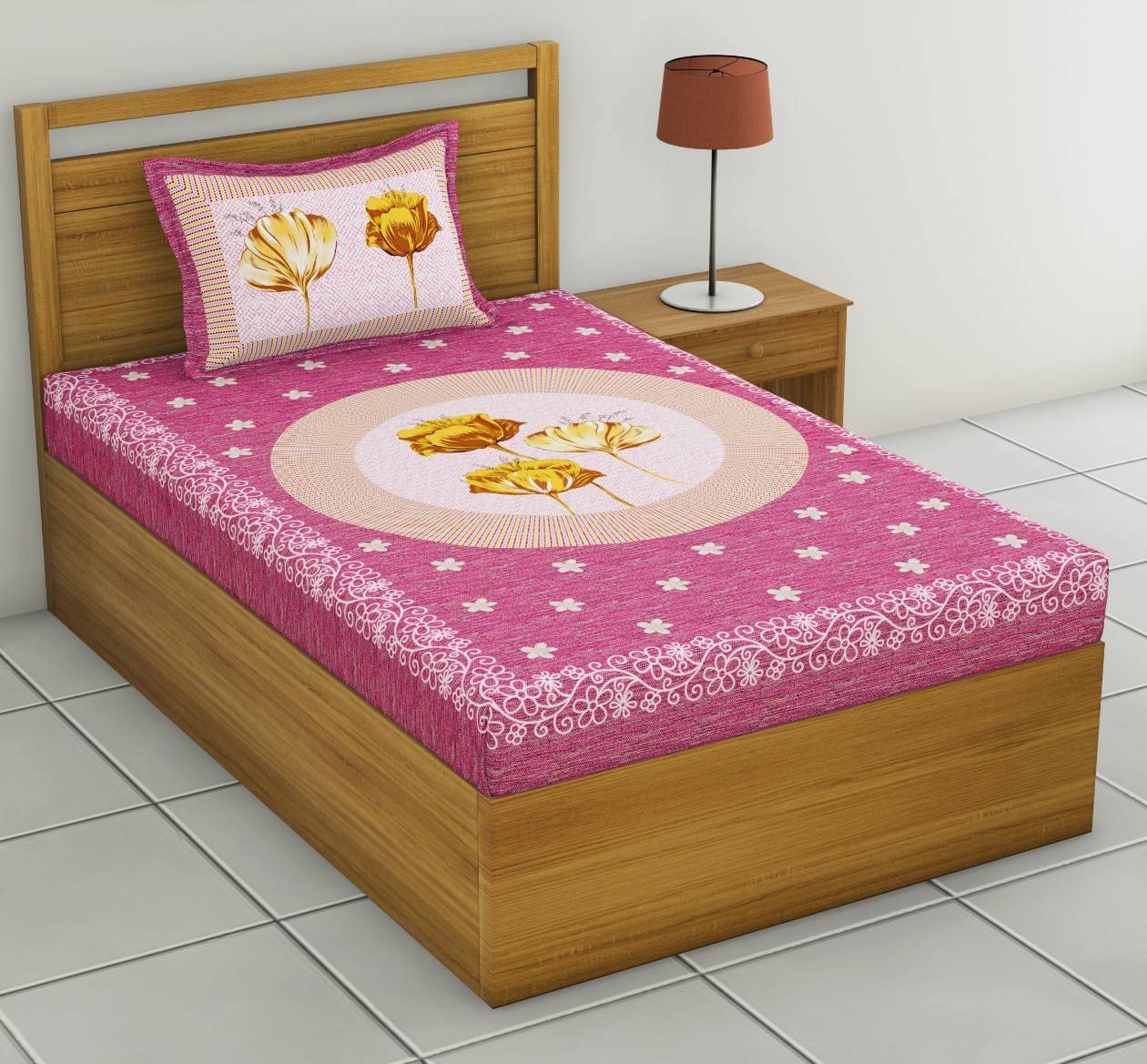     			ABHACLOTHO Cotton 1 Single Bedsheet with 1 Pillow Cover ( Pink )