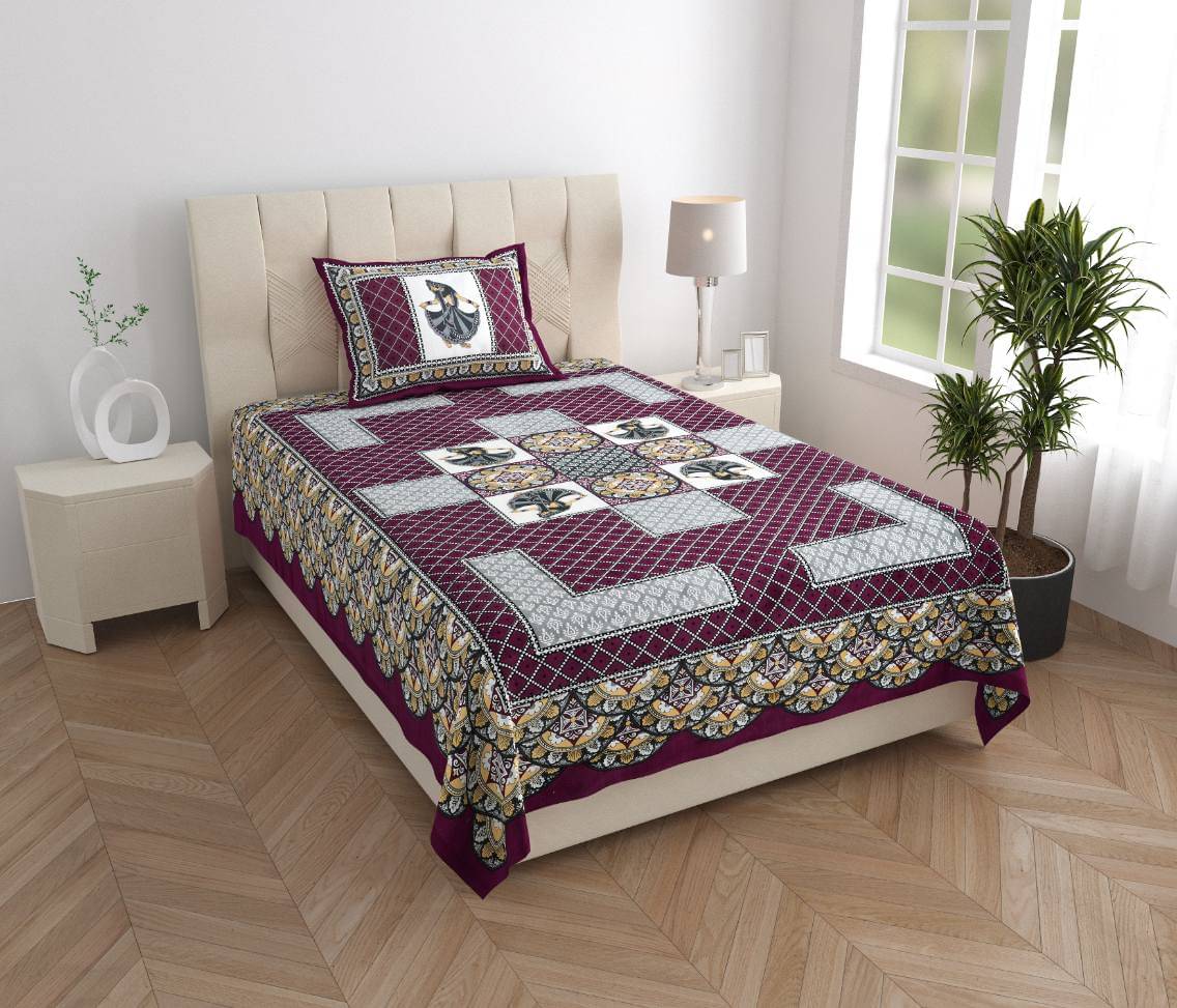     			ABHACLOTHO Cotton 1 Single Bedsheet with 1 Pillow Cover ( Purple )