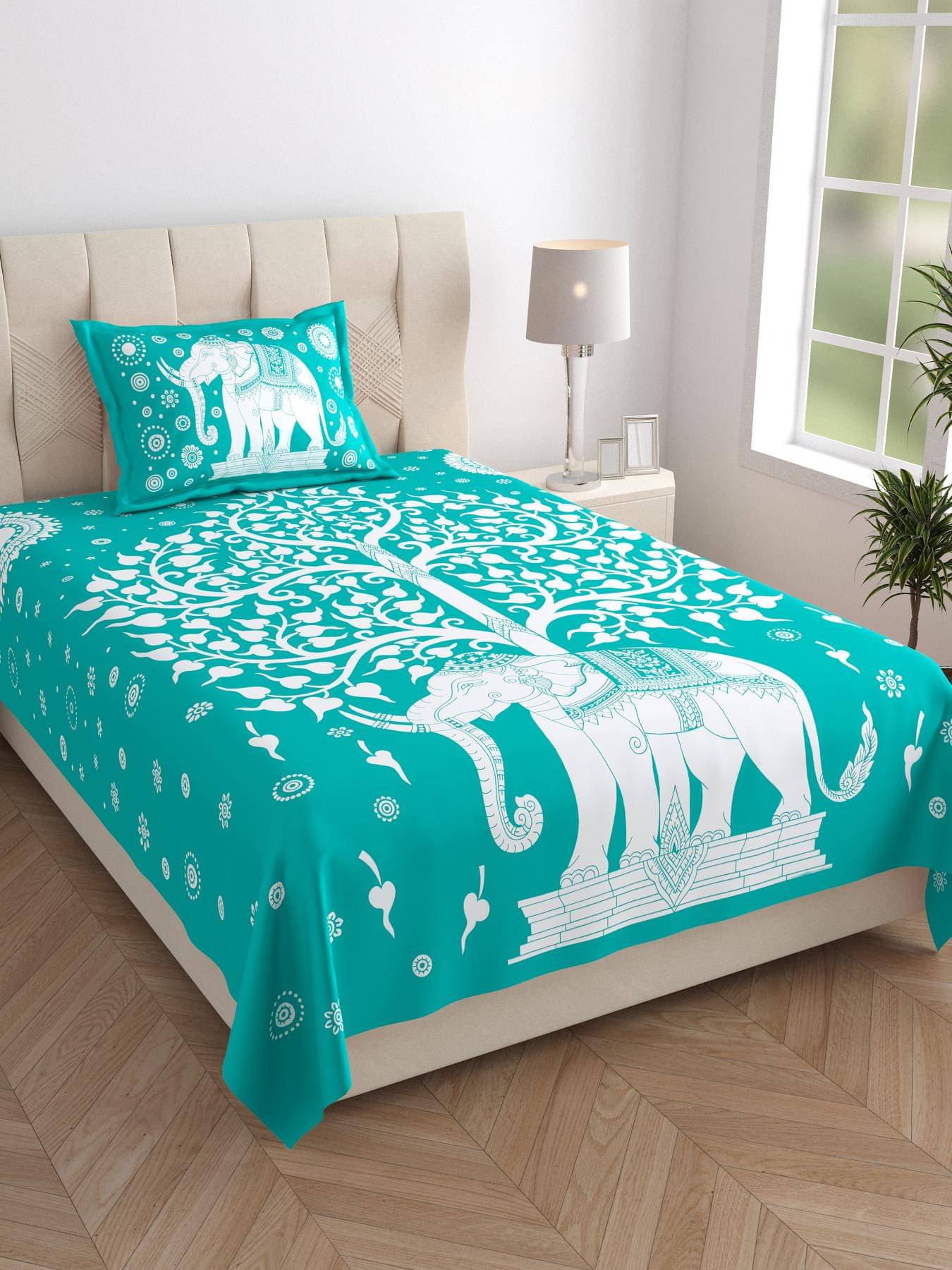     			ABHACLOTHO Cotton 1 Single Bedsheet with 1 Pillow Cover ( Sea Green )