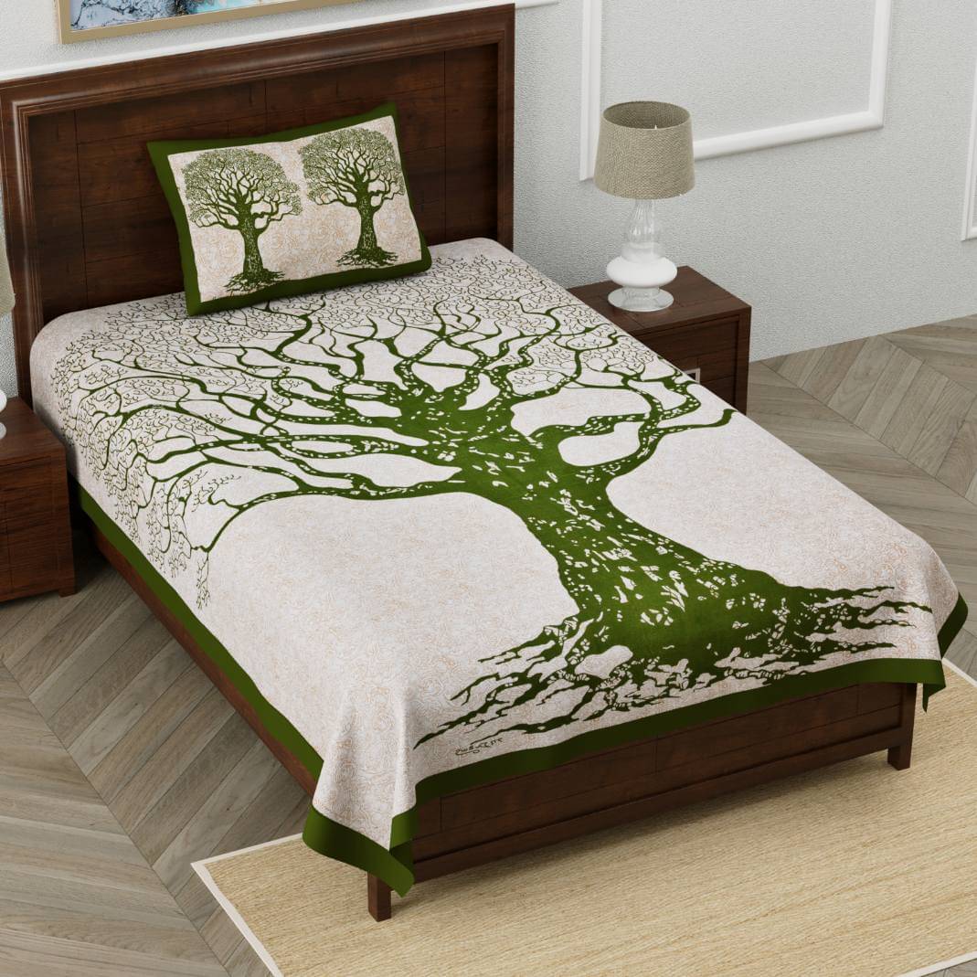     			ABHACLOTHO Cotton 1 Single Bedsheet with 1 Pillow Cover ( Green )