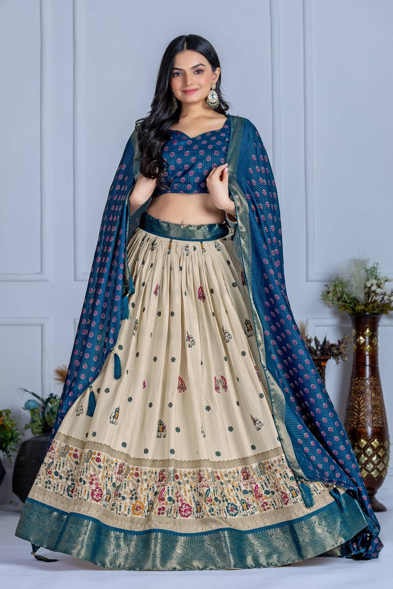     			Aika Blue Silk Blends Chaniya Choli Semi Stitched Lehenga Single