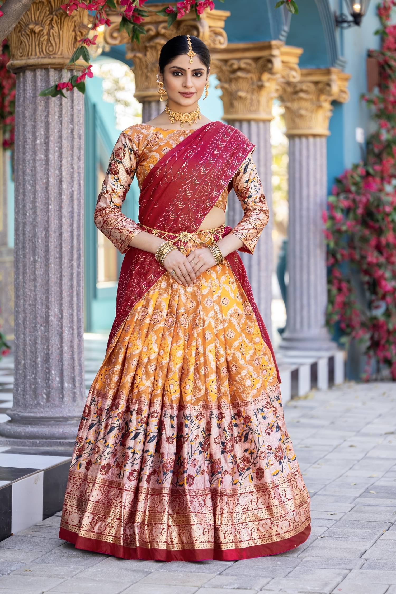 Aika Orange Tussar Silk Chaniya Choli Semi Stitched Lehenga Single Aika Orange Tussar Silk Chaniya Choli Semi Stitched Lehenga Single