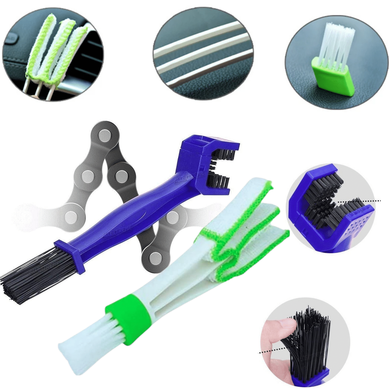     			Aksmit Combo ( Pack Of 2 ) Multi-Purpose Bike Chain Cleaner Brush with Soft & Long Bristles Ideal for Quick Cleaning of Cycles, Motorcycles With Multipurpose Microfiber Double Sided Car Cleaning Brush for Car A/c Vents, Blinds, Keyboard