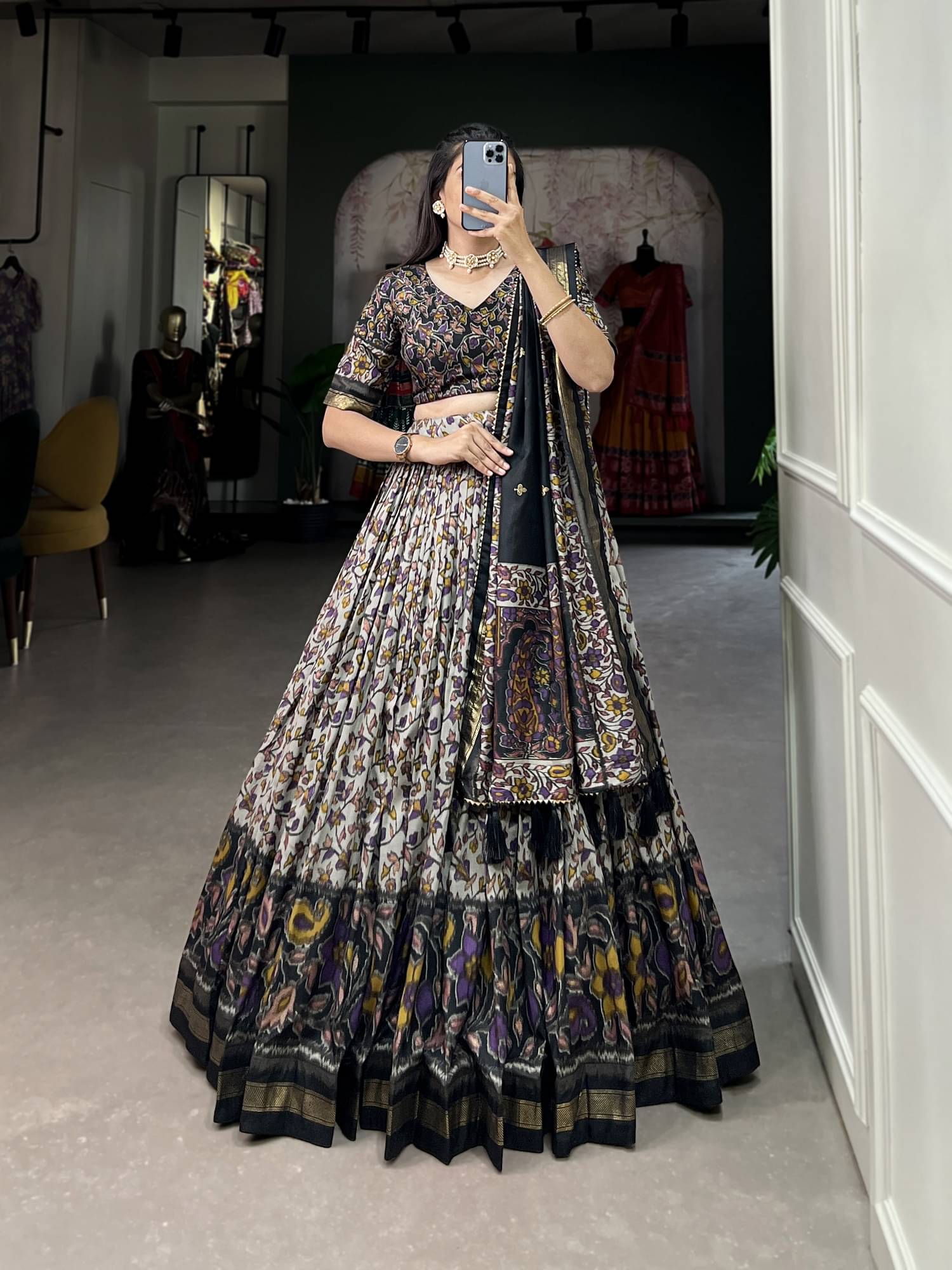     			Apnisha Black Tussar Silk Chaniya Choli Semi Stitched Lehenga Single