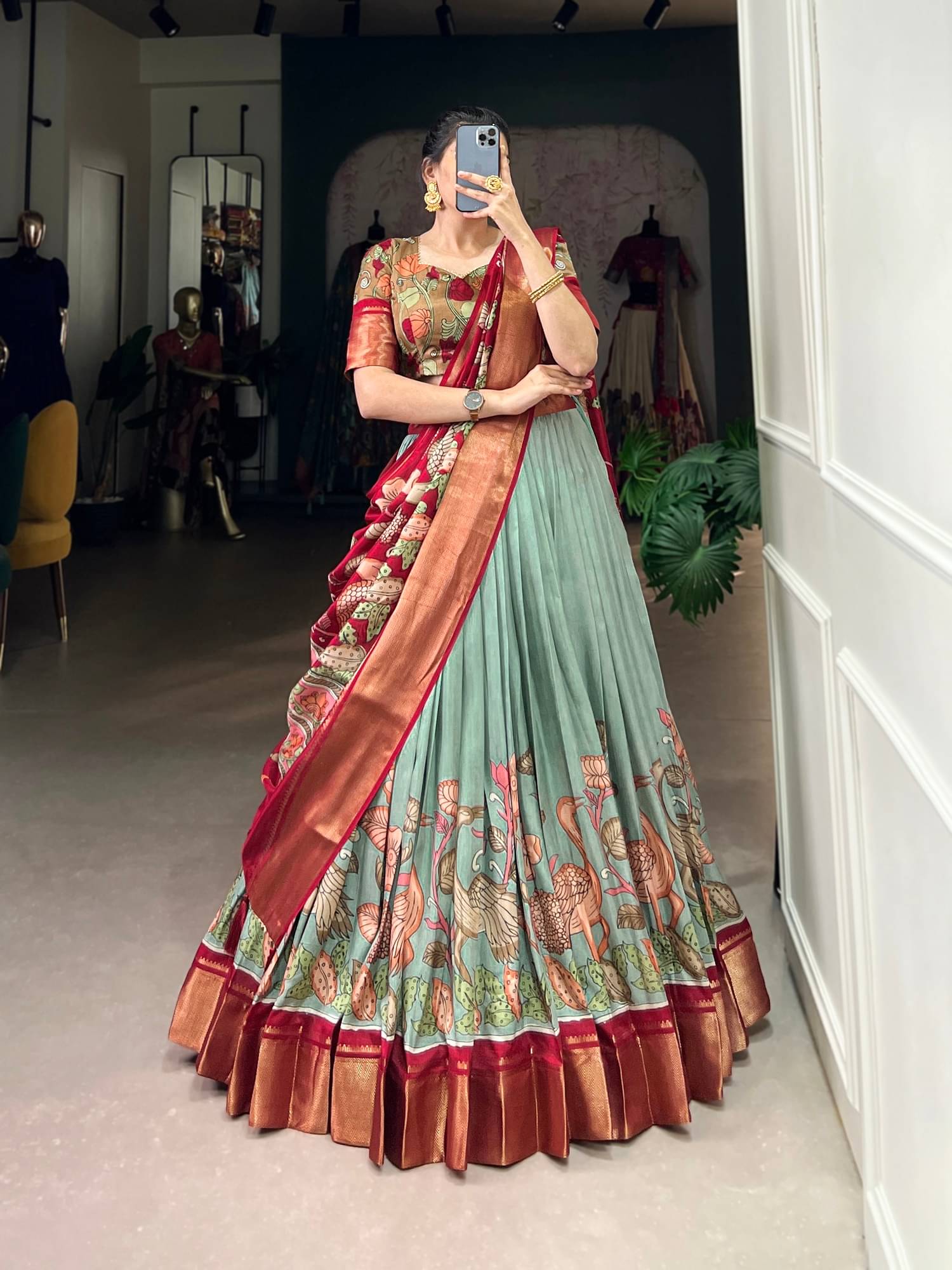     			Apnisha Green Tussar Silk Chaniya Choli Semi Stitched Lehenga Single