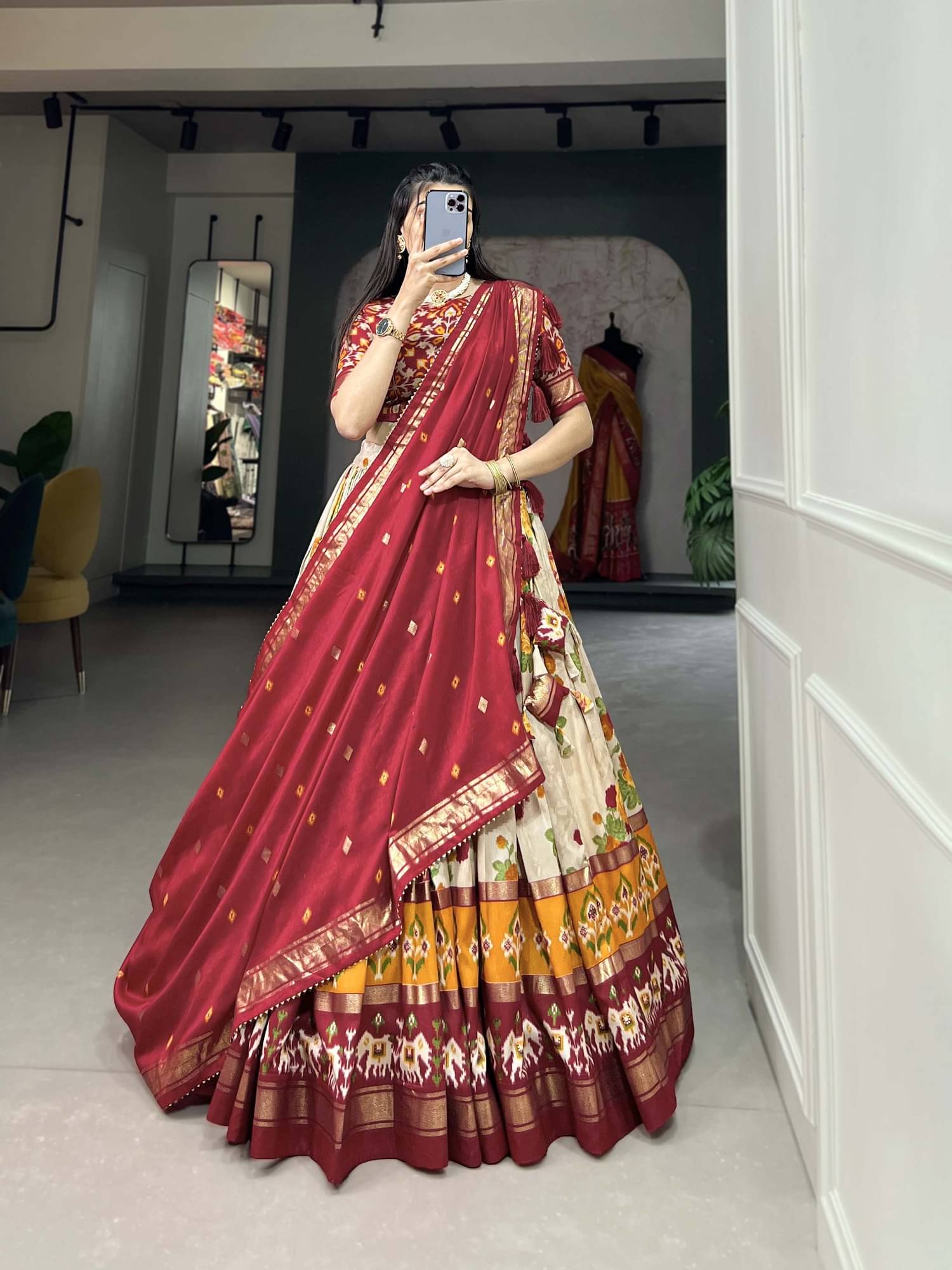     			Apnisha Red Tussar Silk Chaniya Choli Semi Stitched Lehenga Single