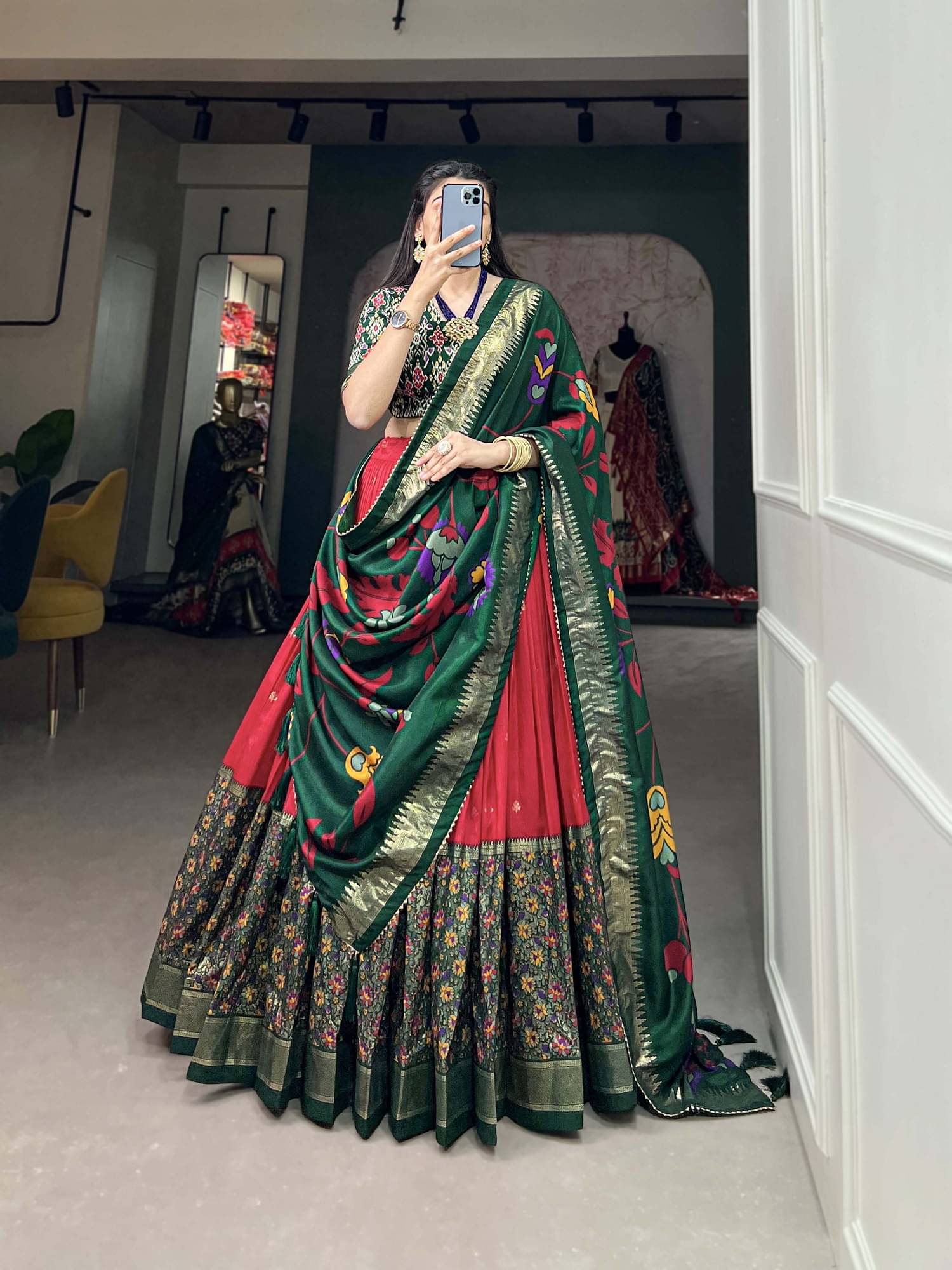     			Apnisha Red Tussar Silk Chaniya Choli Semi Stitched Lehenga Single