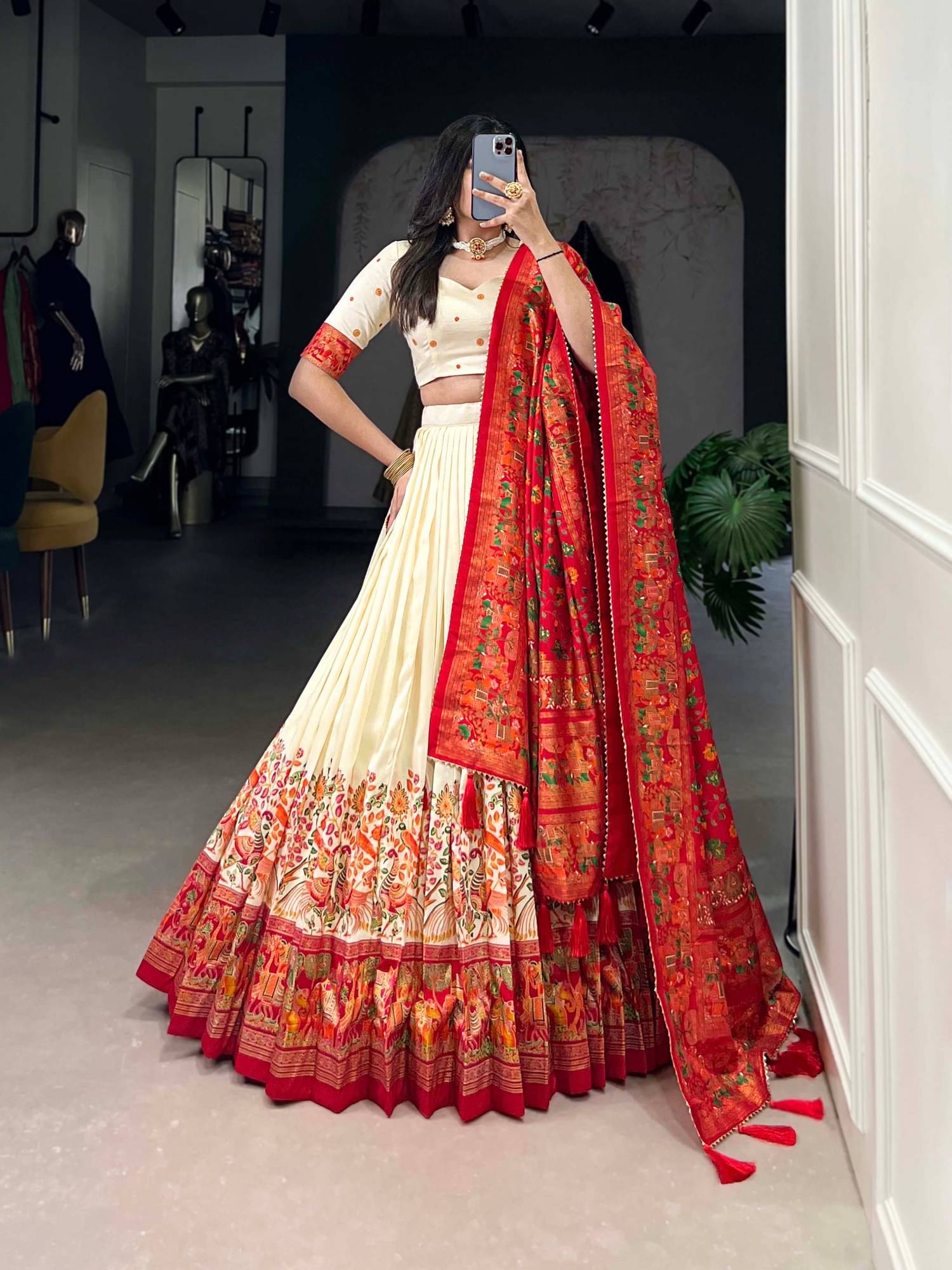     			Apnisha White Tussar Silk Chaniya Choli Semi Stitched Lehenga Single