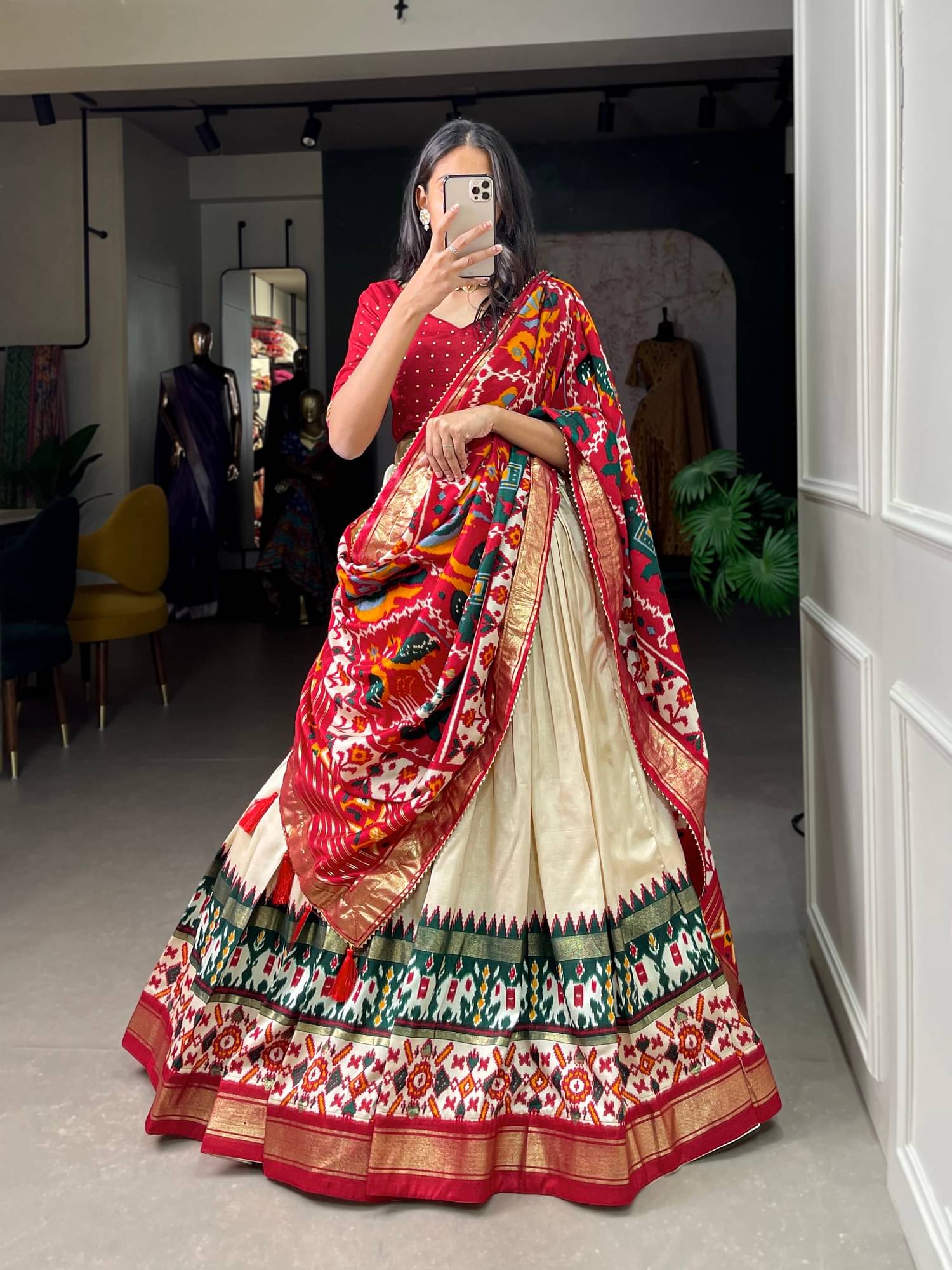     			Apnisha White Tussar Silk Chaniya Choli Semi Stitched Lehenga Single