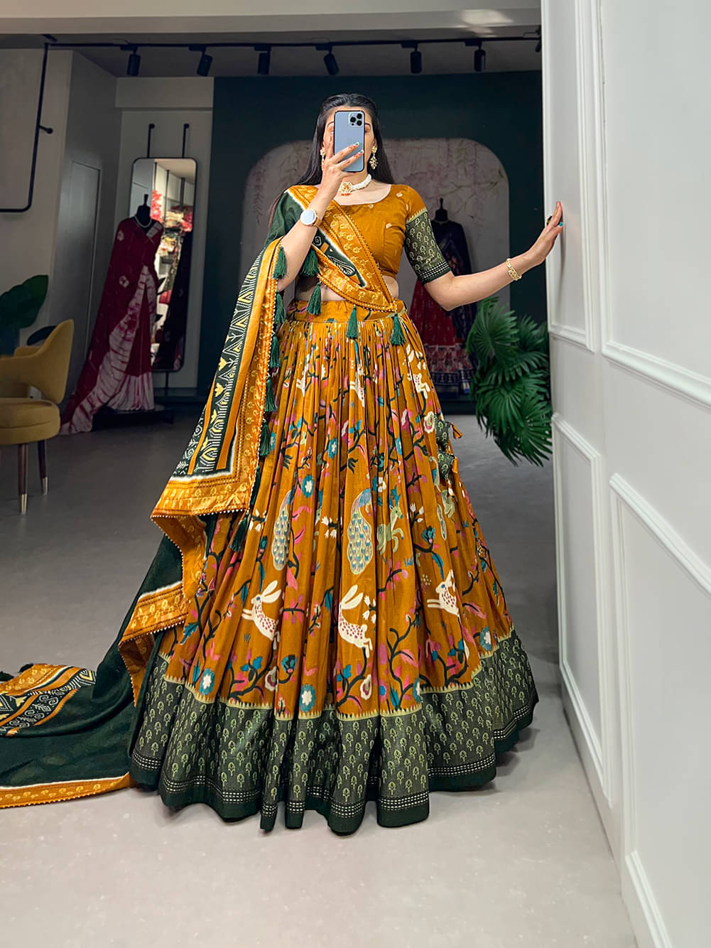     			Apnisha Yellow Tussar Silk Chaniya Choli Semi Stitched Lehenga Single