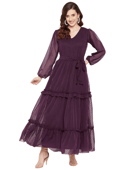 Bitterlime Women Georgette Self Design Fit & Flare Dress ( Burgundy )     			Bitterlime Women Georgette Self Design Fit & Flare Dress ( Burgundy )