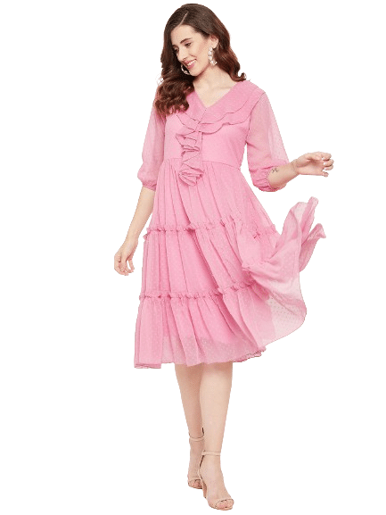     			Bitterlime Women Georgette Self Design Fit & Flare Dress ( Pink )