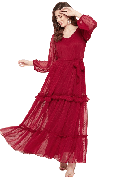 Bitterlime Women Georgette Self Design Fit & Flare Dress ( Red )     			Bitterlime Women Georgette Self Design Fit & Flare Dress ( Red )