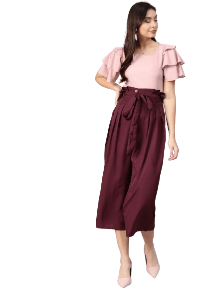     			Bitterlime Women Solid Top With Trousers Co-Ord Set ( Pink )