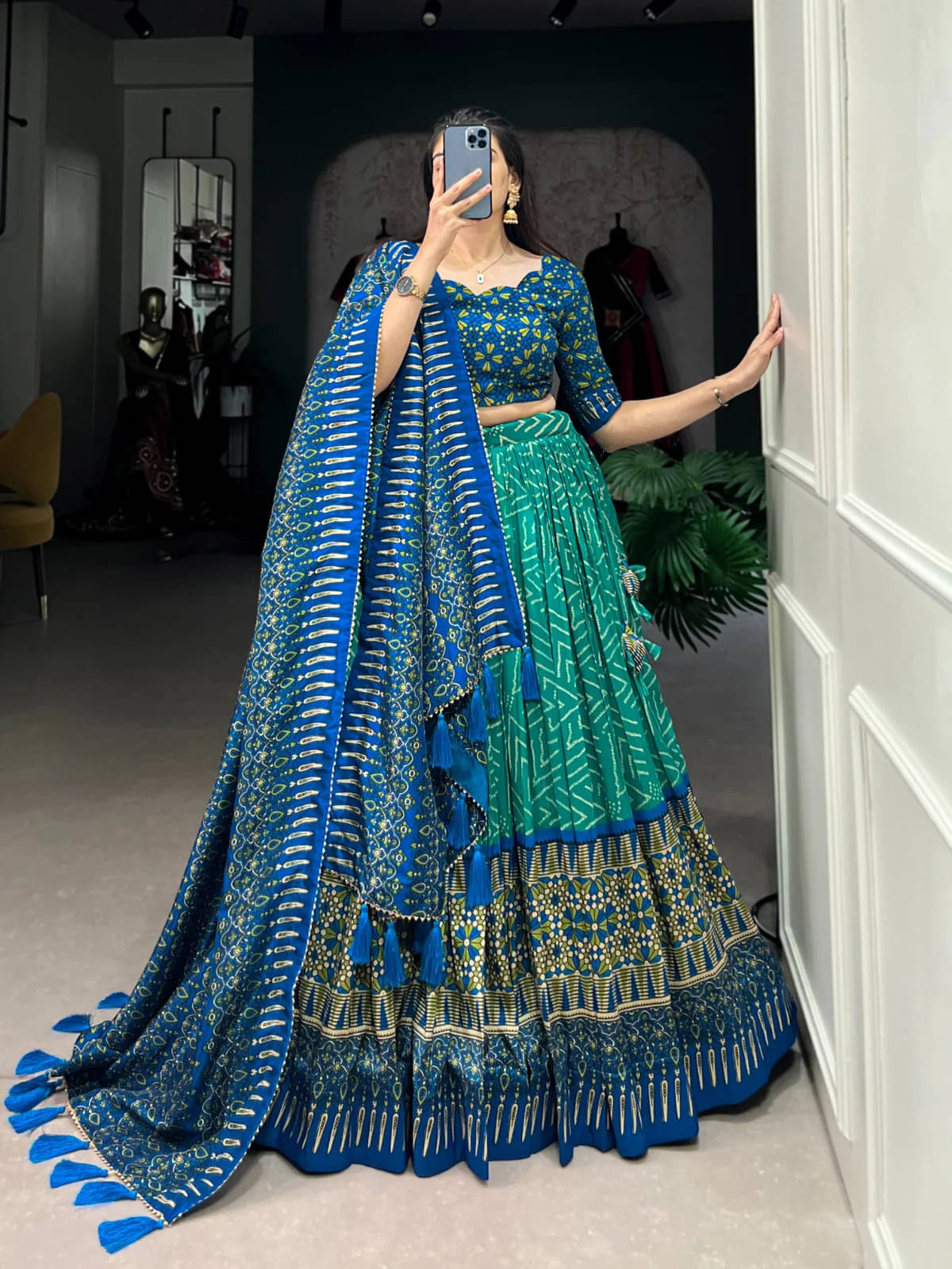CYNOR Green Tussar Silk Circular Stitched Lehenga Single CYNOR Green Tussar Silk Circular Stitched Lehenga Single