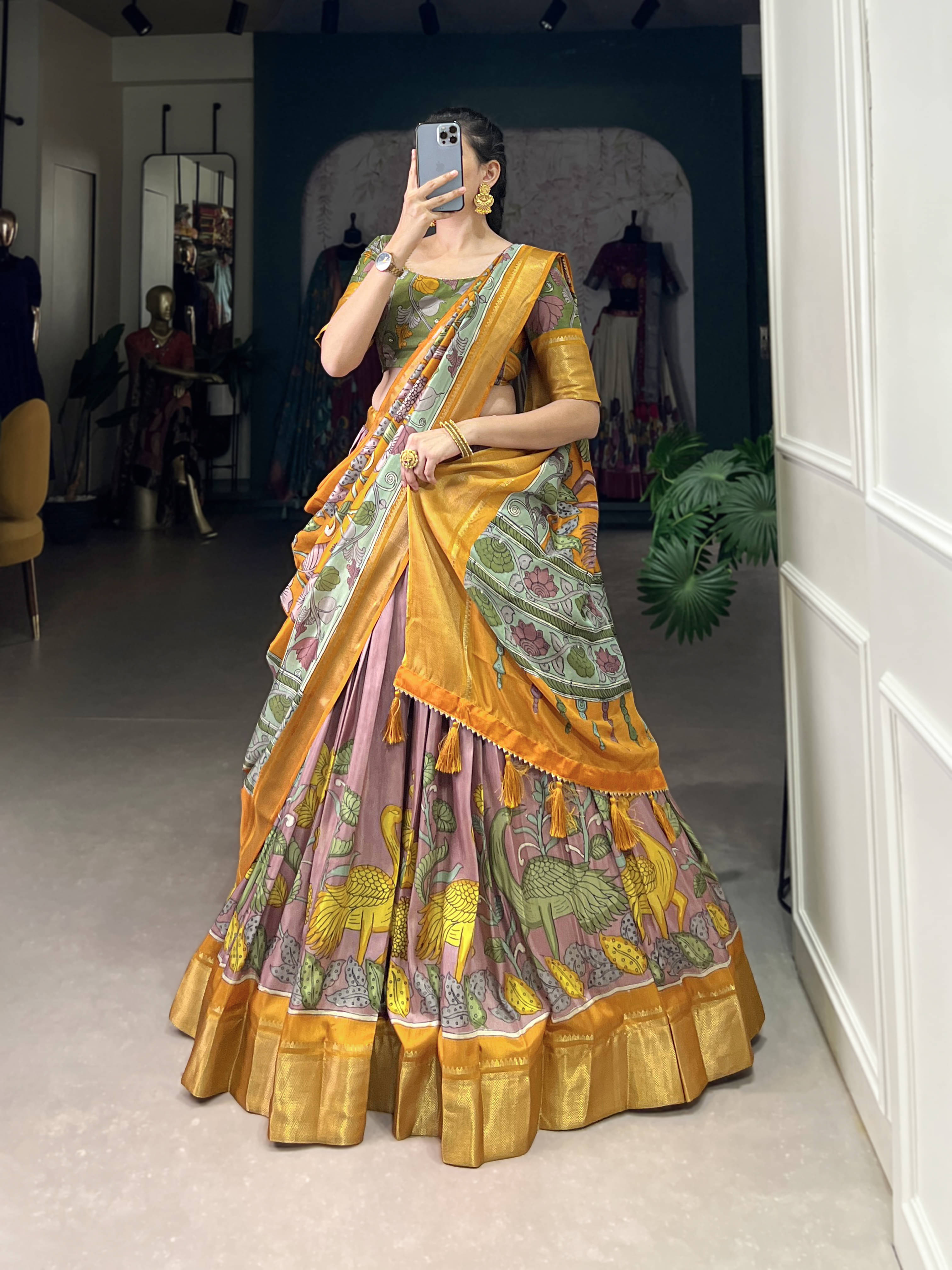     			CYNOR Orange Tussar Silk Circular Stitched Lehenga Single