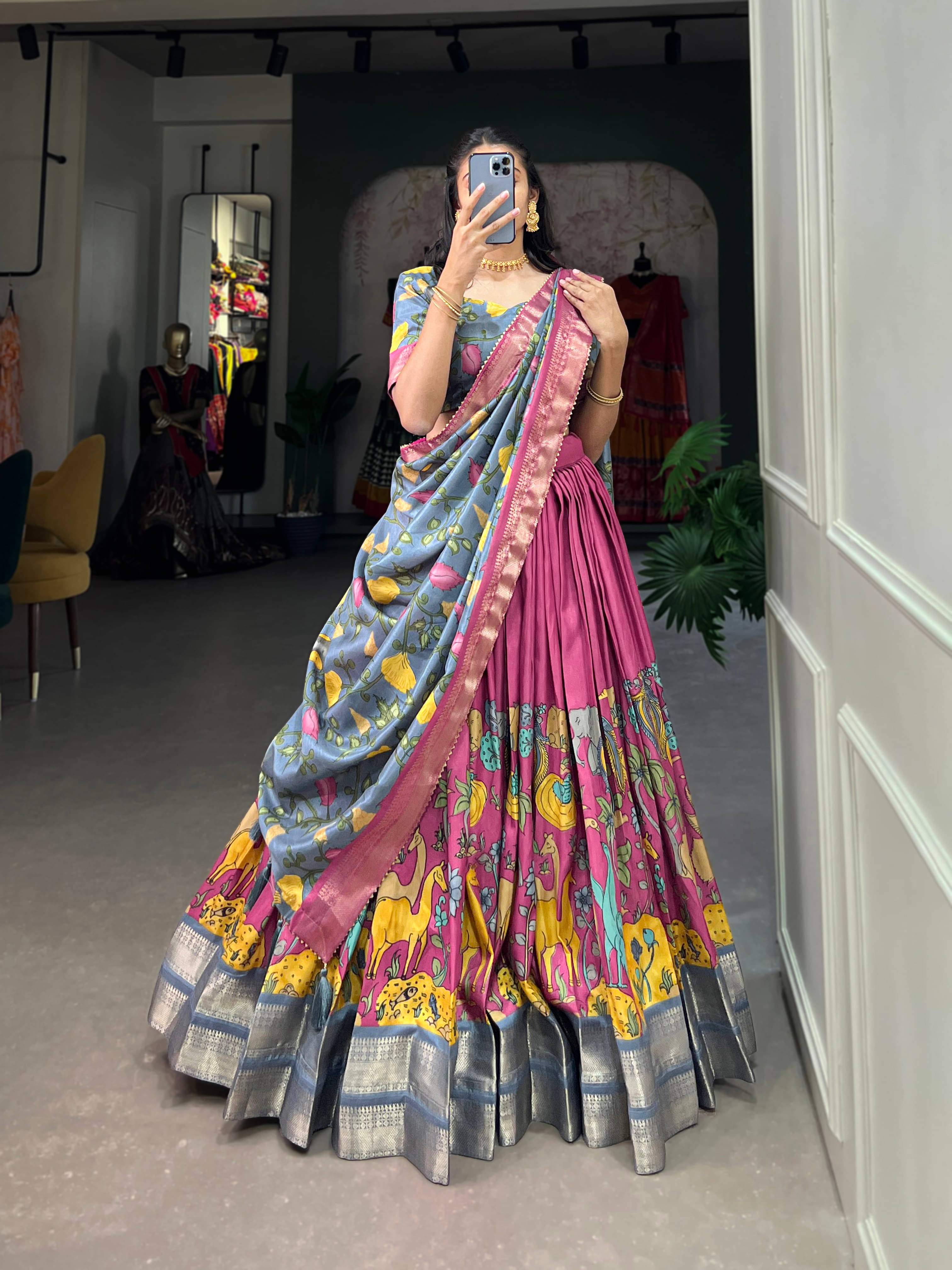     			CYNOR Purple Tussar Silk Circular Stitched Lehenga Single