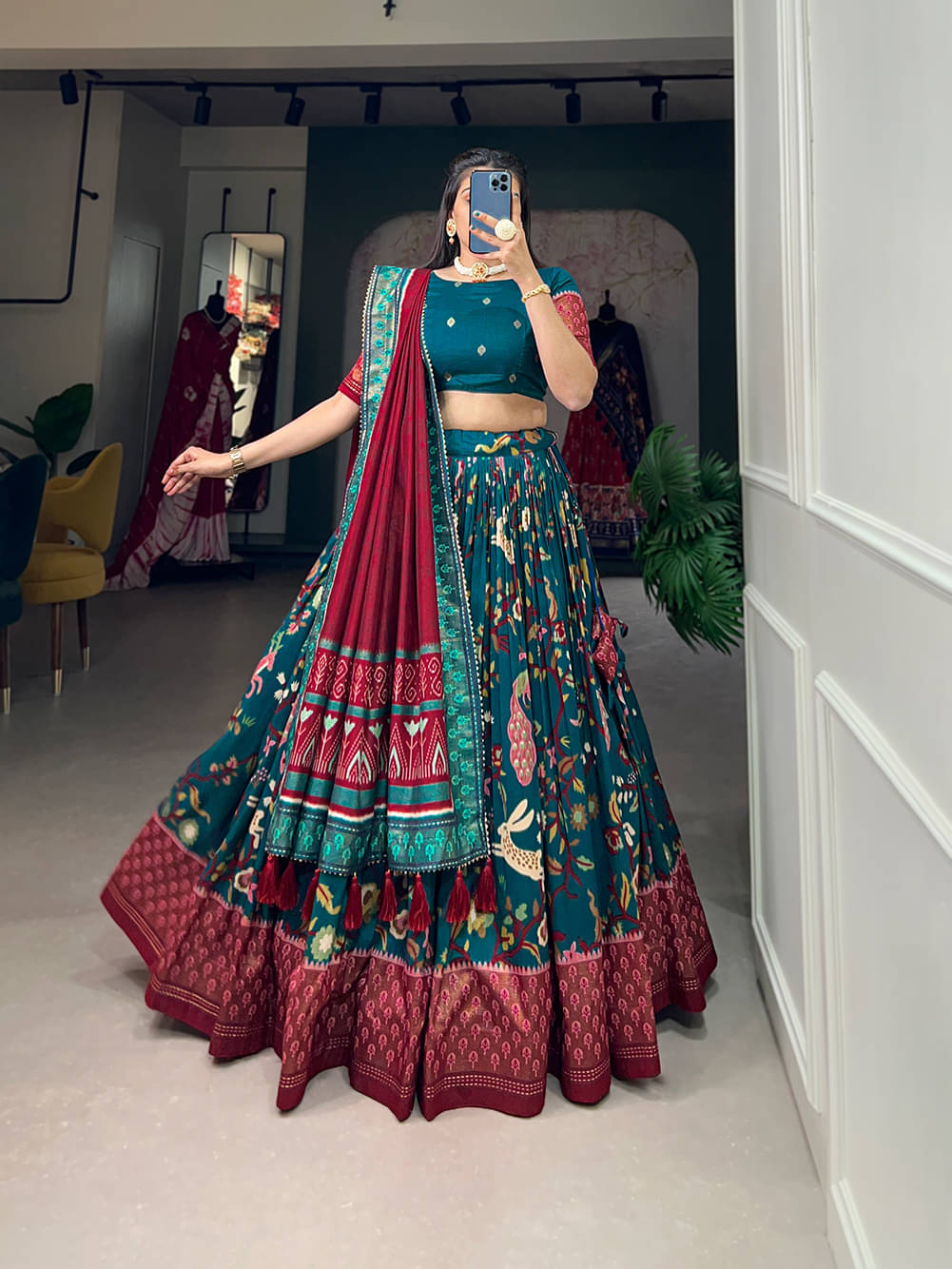     			CYNOR Turquoise Tussar Silk Circular Stitched Lehenga Single