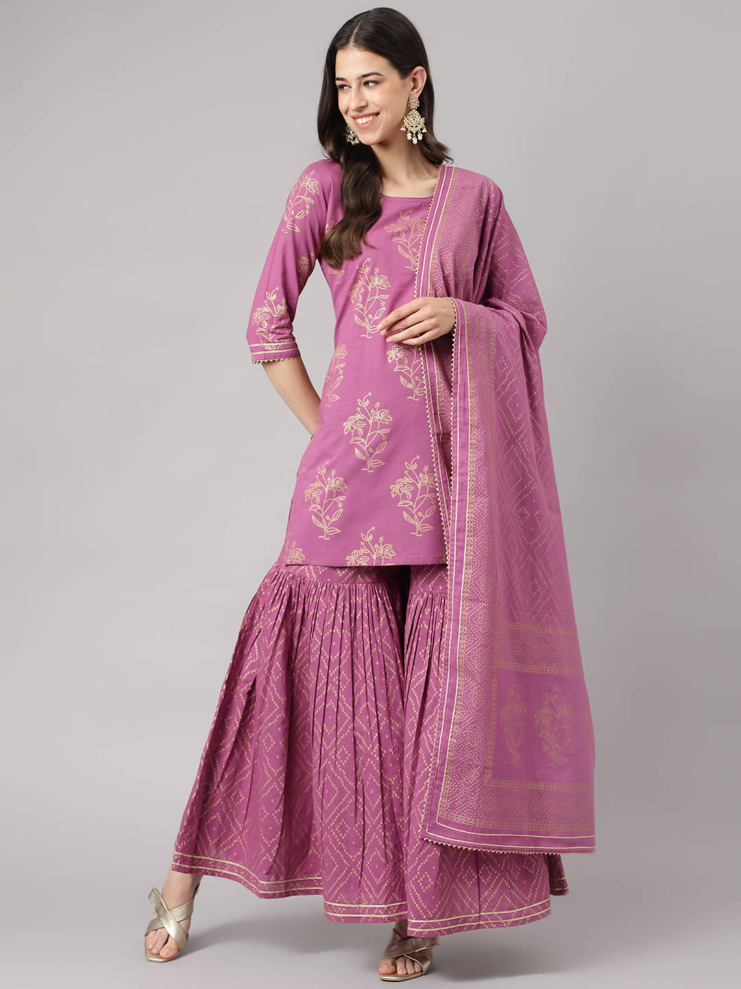     			Divena Women Cotton Printed Straight Kurti With Sharara And Gharara ( Purple )