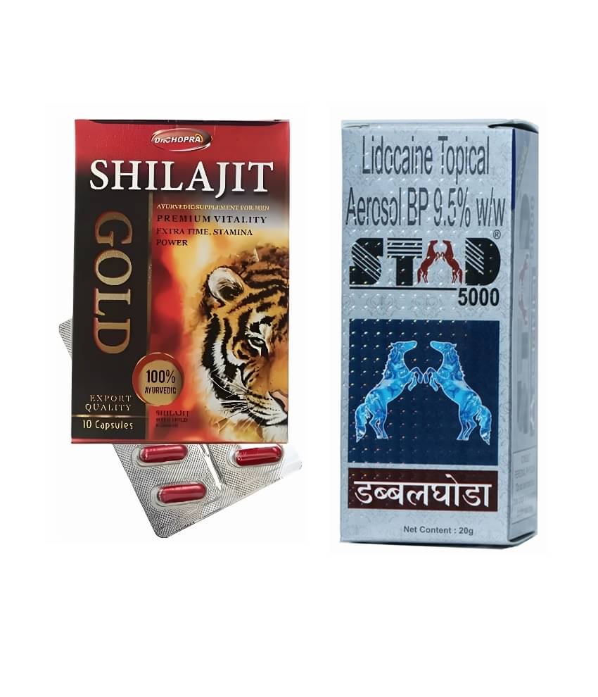 Dr Chopra Shilajit Gold Capsule 10 no.s & Stud 5000 Double Horse Delay Spray 20g Dr Chopra Shilajit Gold Capsule 10 no.s & Stud 5000 Double Horse Delay Spray 20g