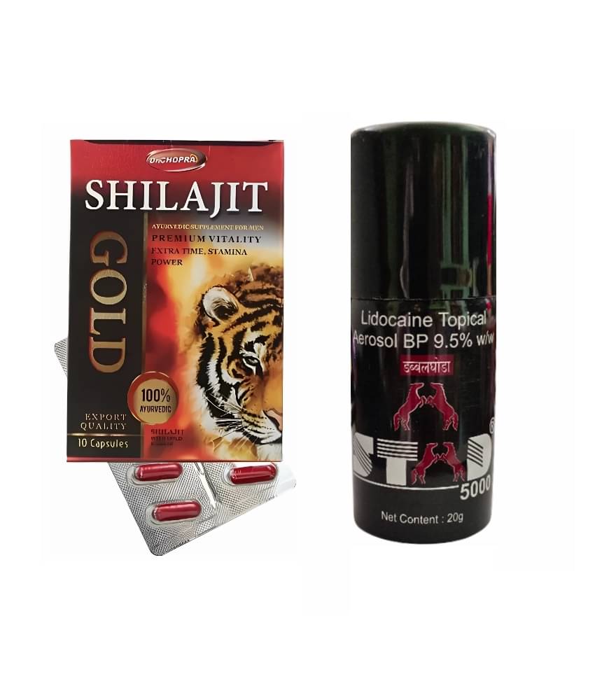 Dr Chopra Shilajit Gold Capsule & Stud 5000 Double Ghoda Delay Spray Combo 10 no.s & 20 g Dr Chopra Shilajit Gold Capsule & Stud 5000 Double Ghoda Delay Spray Combo 10 no.s & 20 g