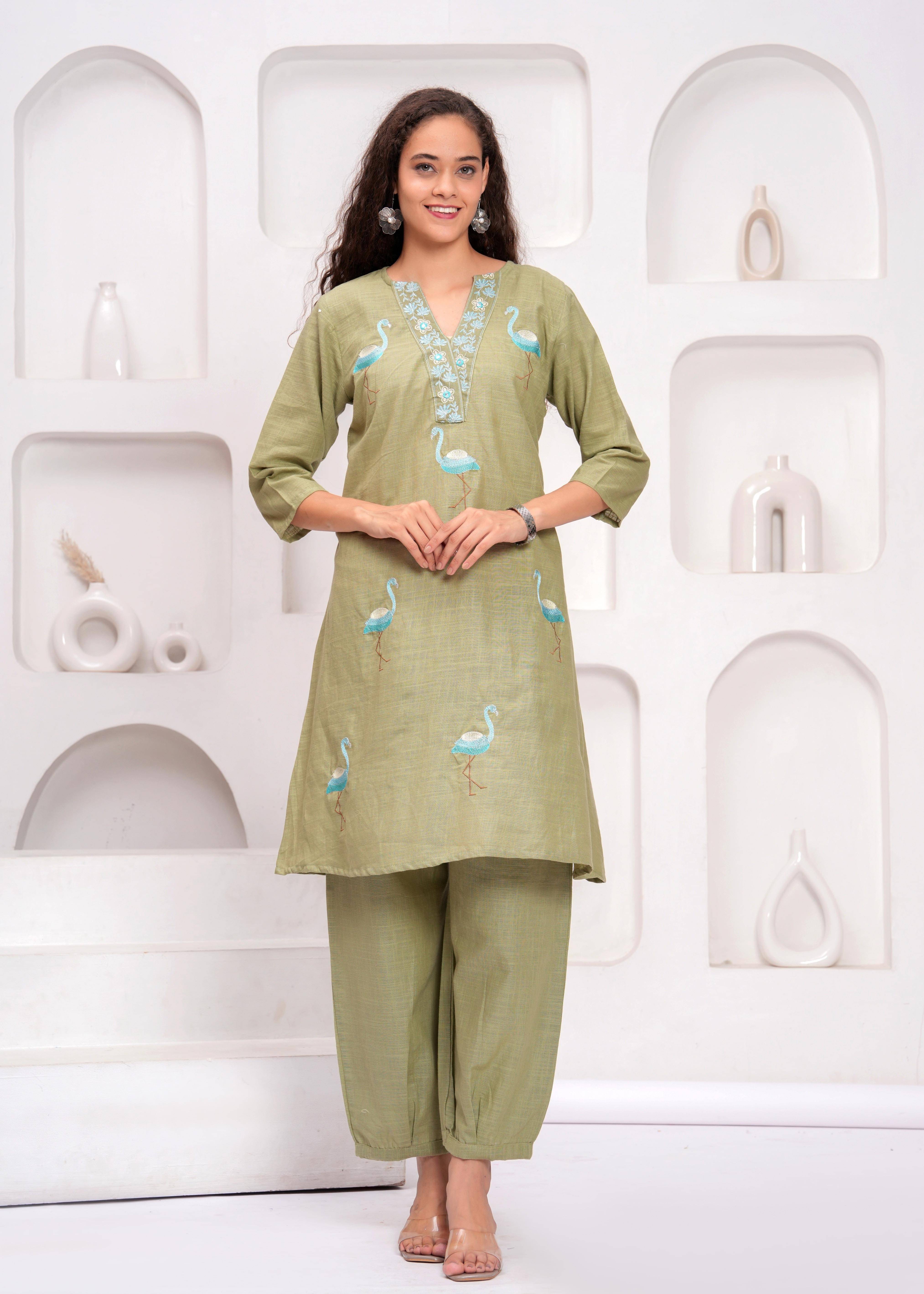     			JC4U Women Cotton Embroidered Straight Kurti With Pants ( Mint Green )
