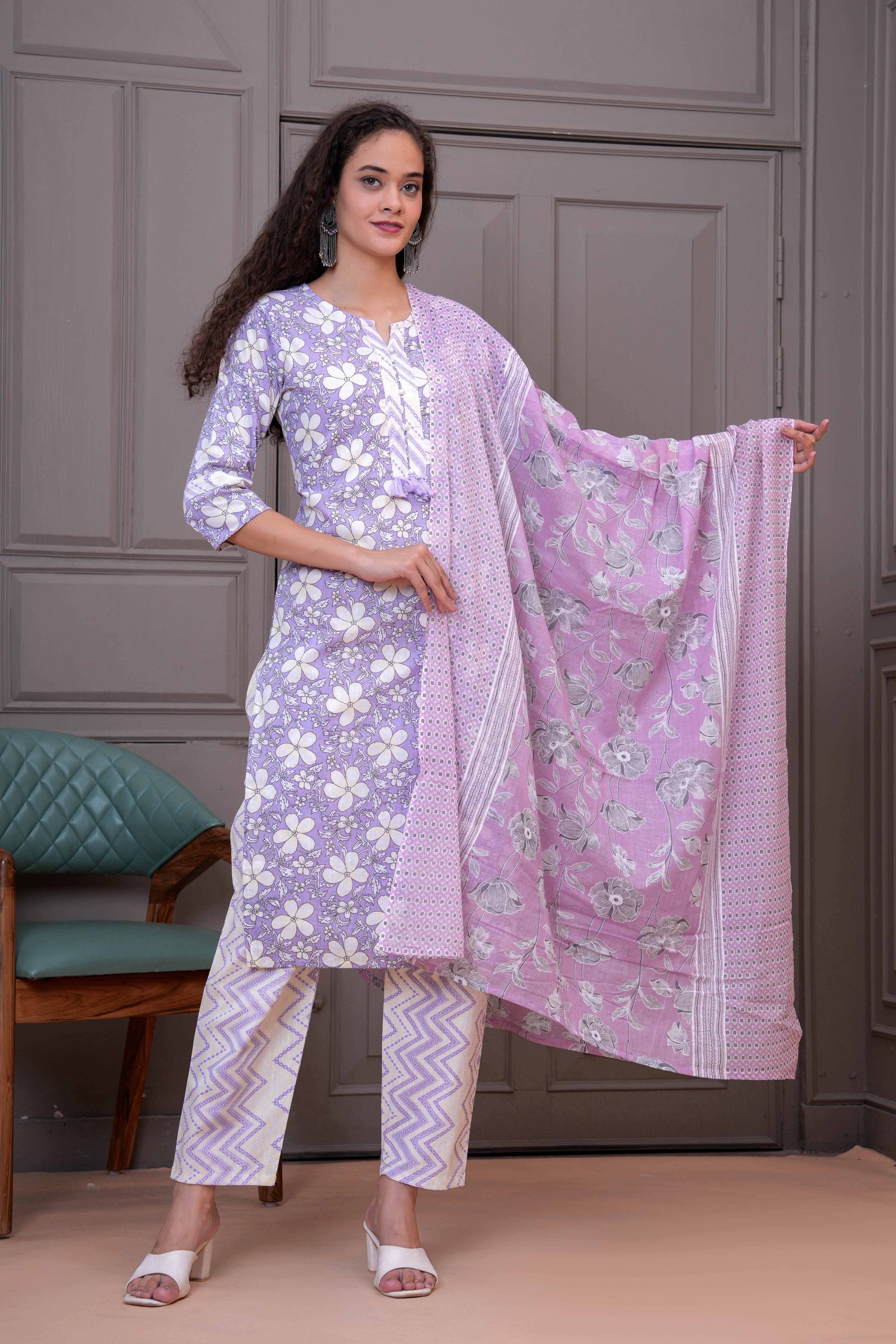 JC4U Women Cotton Printed Straight Kurti With Pants ( Purple )     			JC4U Women Cotton Printed Straight Kurti With Pants ( Purple )