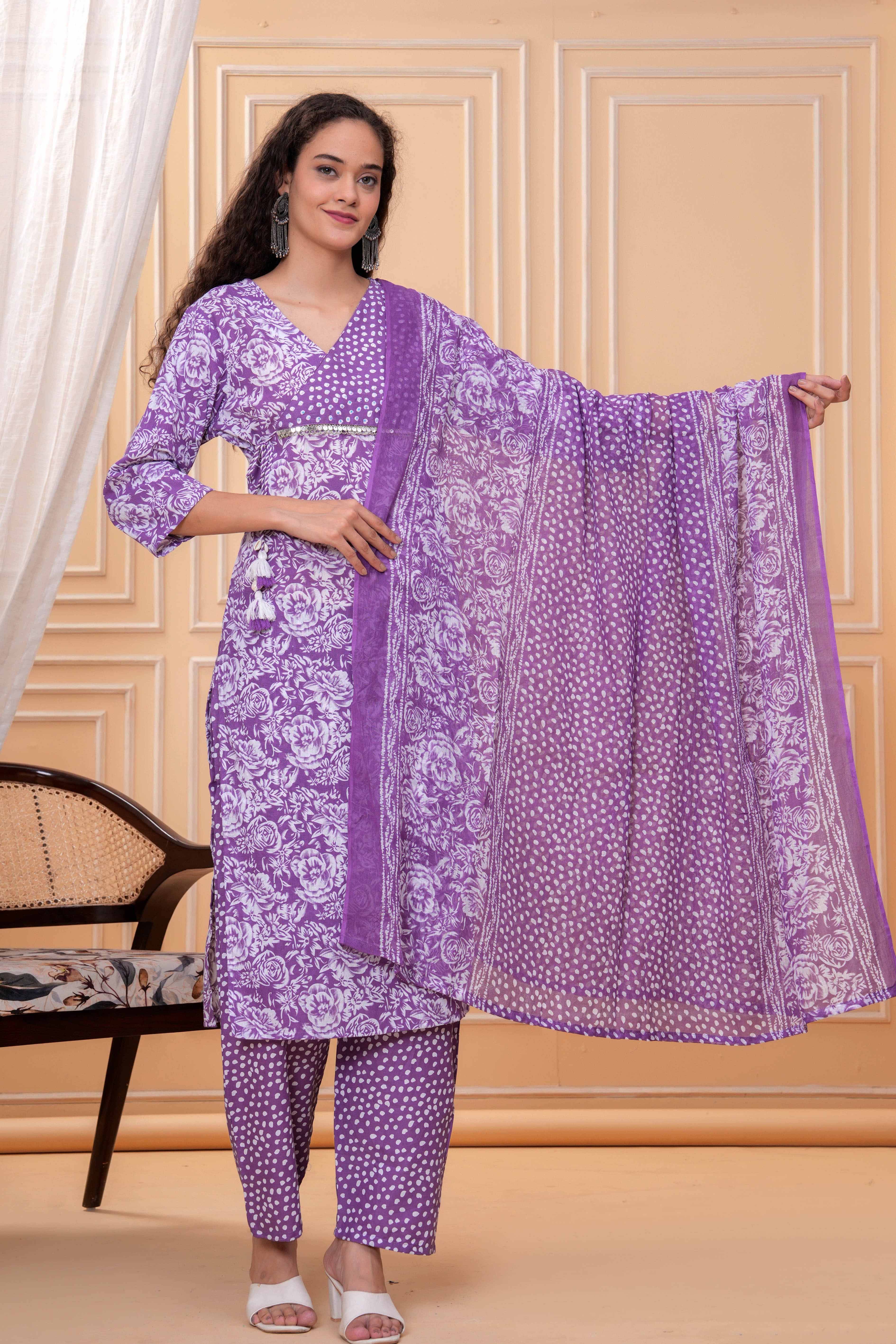     			JC4U Women Cotton Printed Straight Kurti With Pants ( Purple )